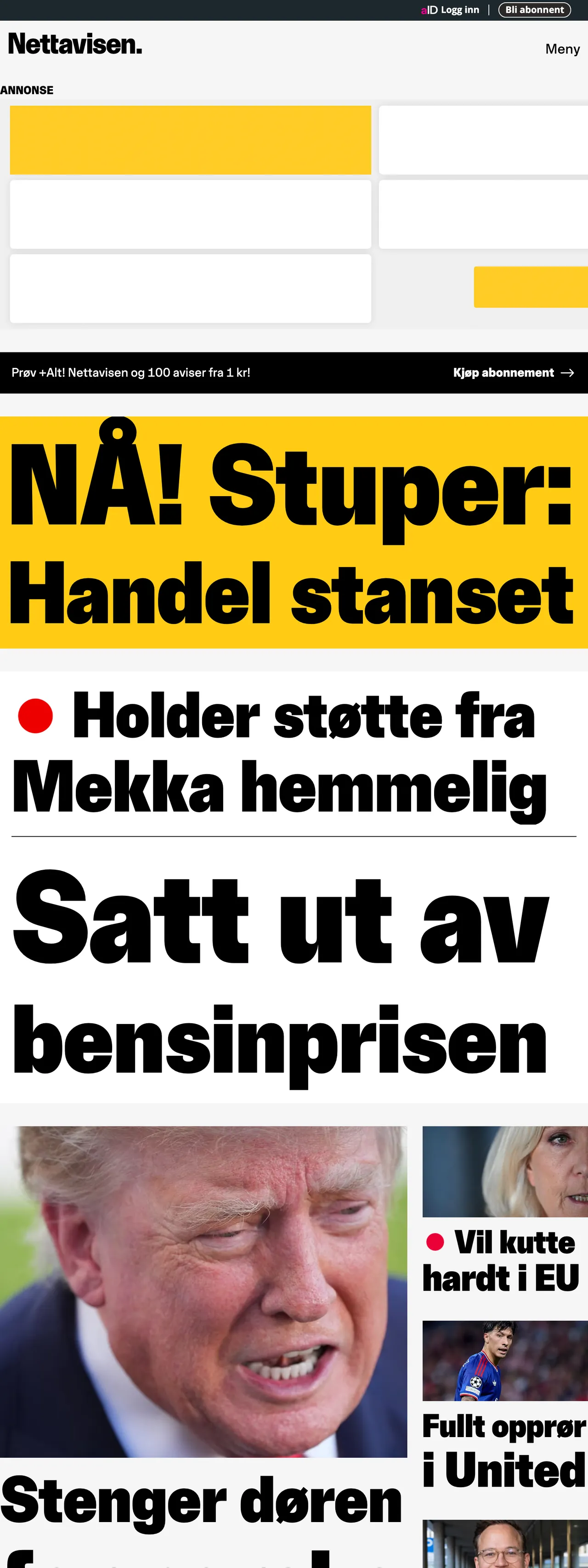 Screenshot of the Nettavisen front page