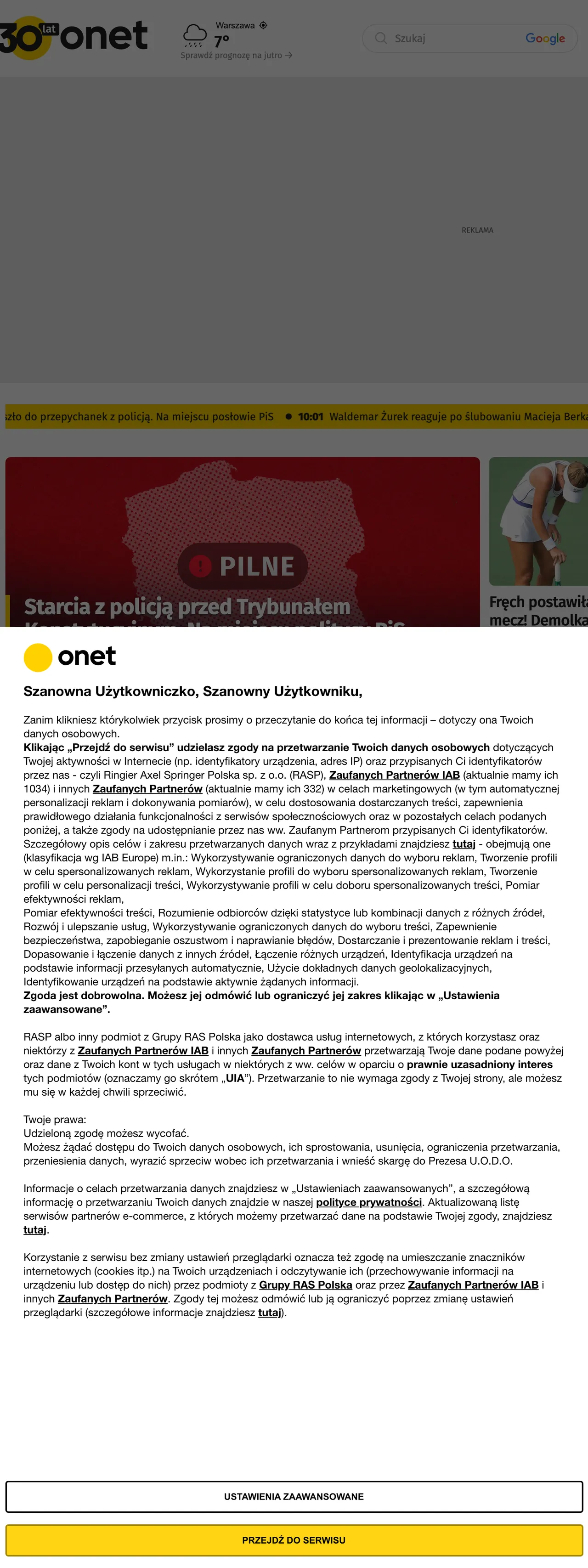 Screenshot of the Onet front page