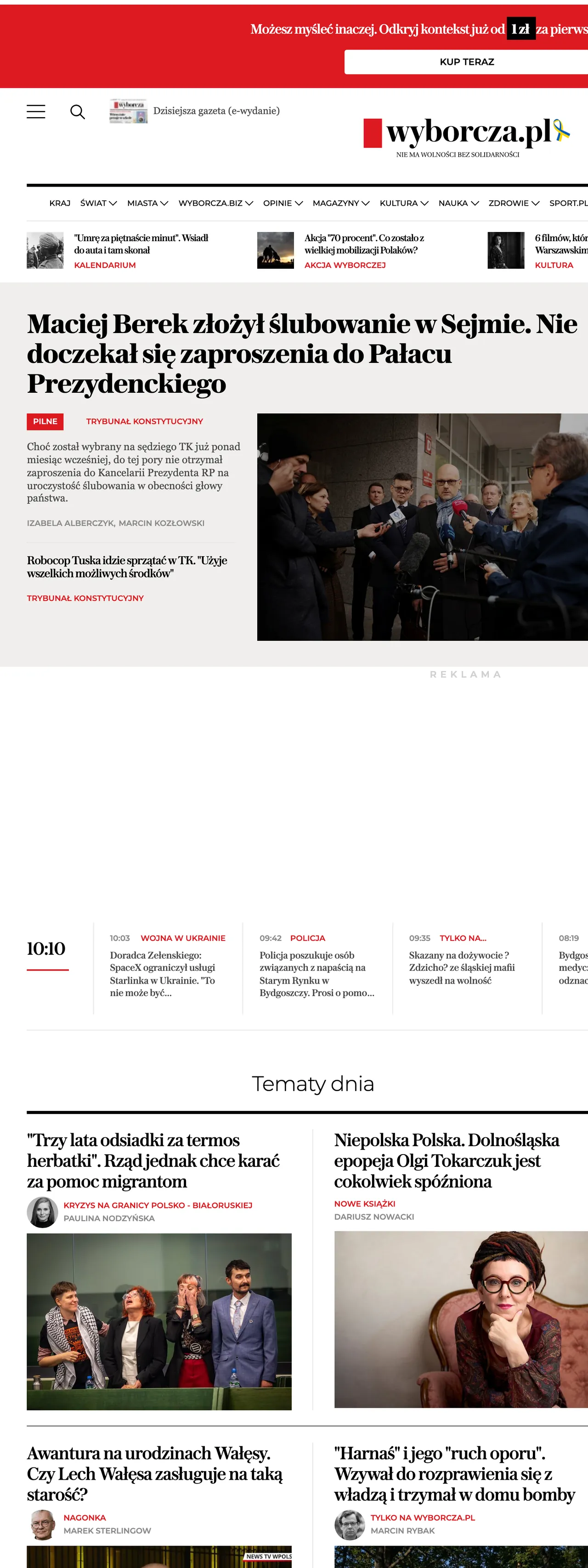 Screenshot of the Wyborcza front page