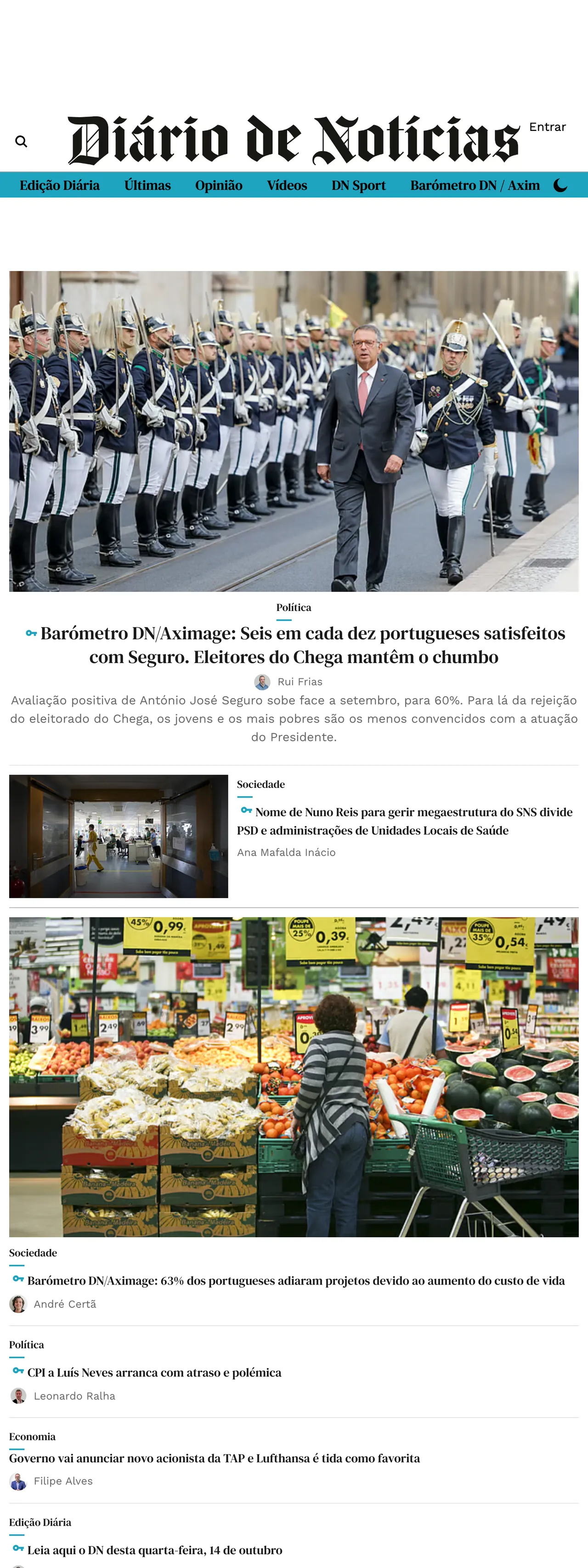 Screenshot of the Diário de Notícias front page