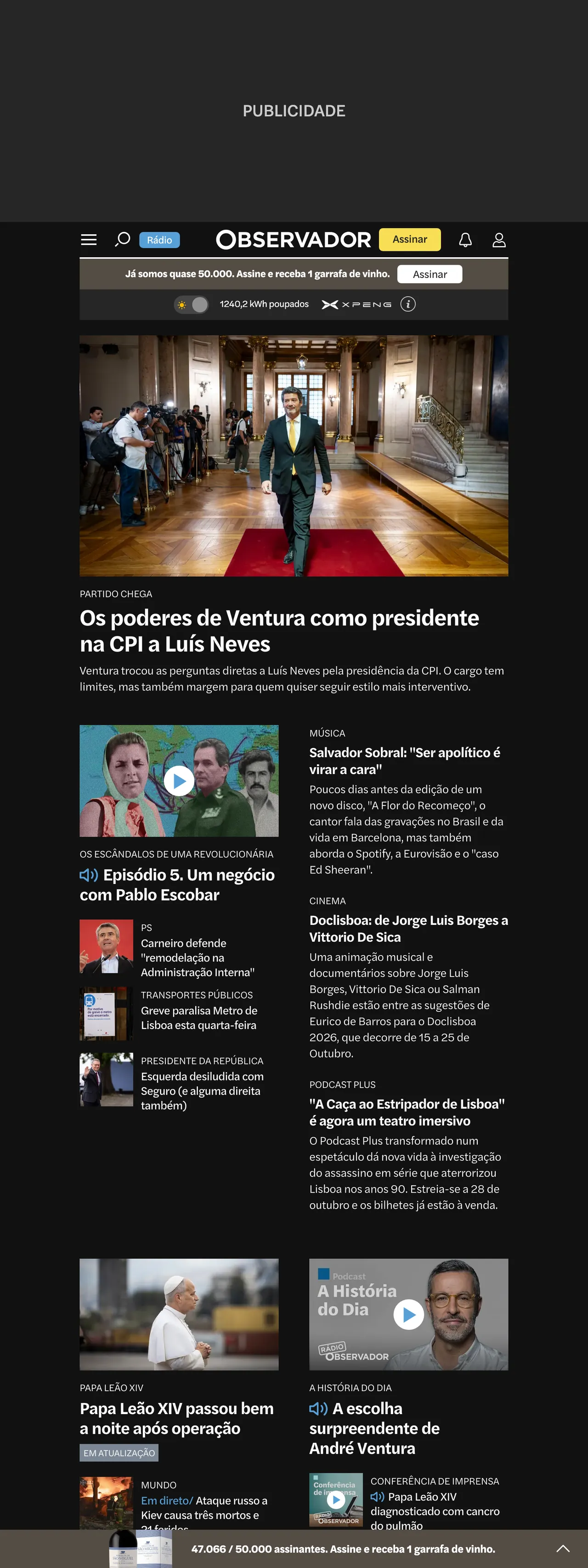 Screenshot of the Observador front page