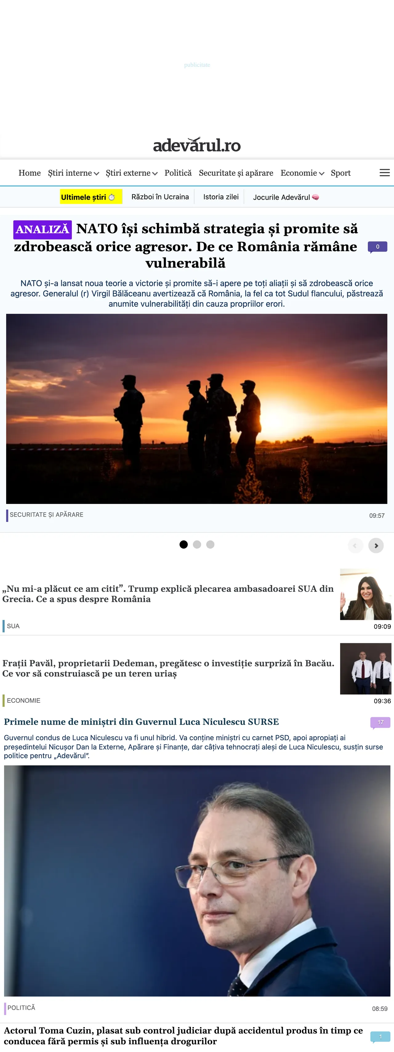 Screenshot of the Adevărul front page