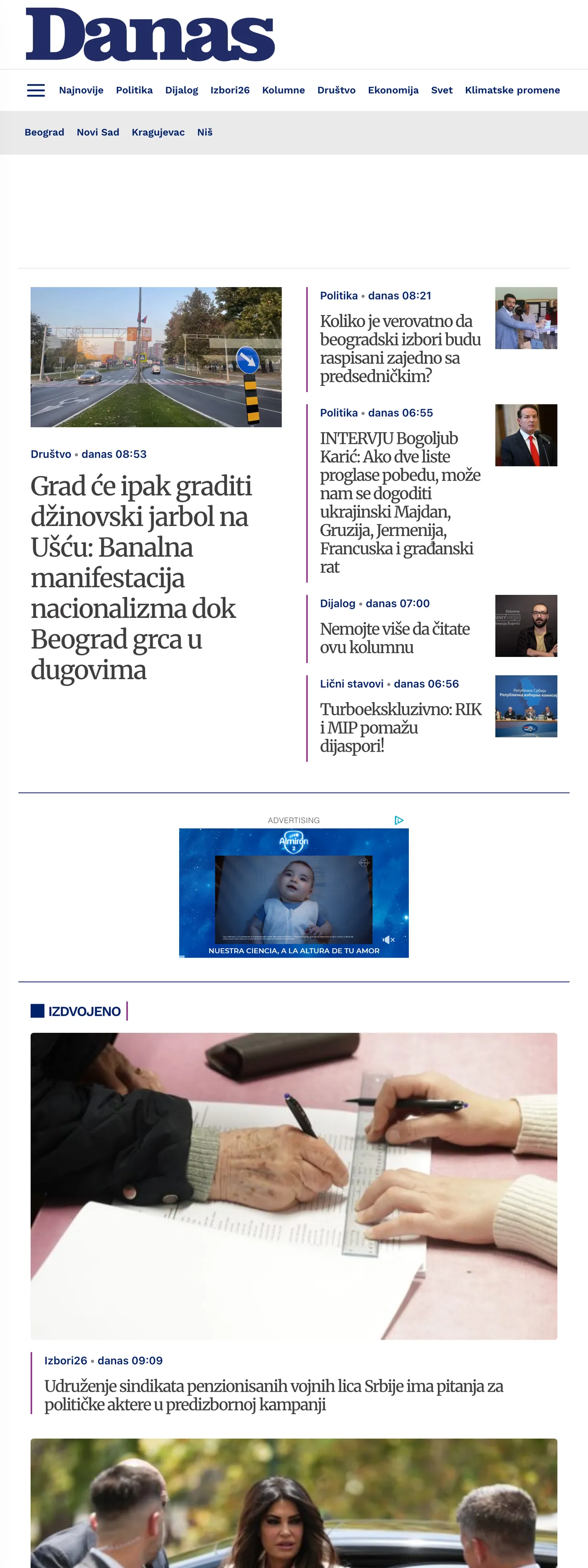 Screenshot of the Danas front page