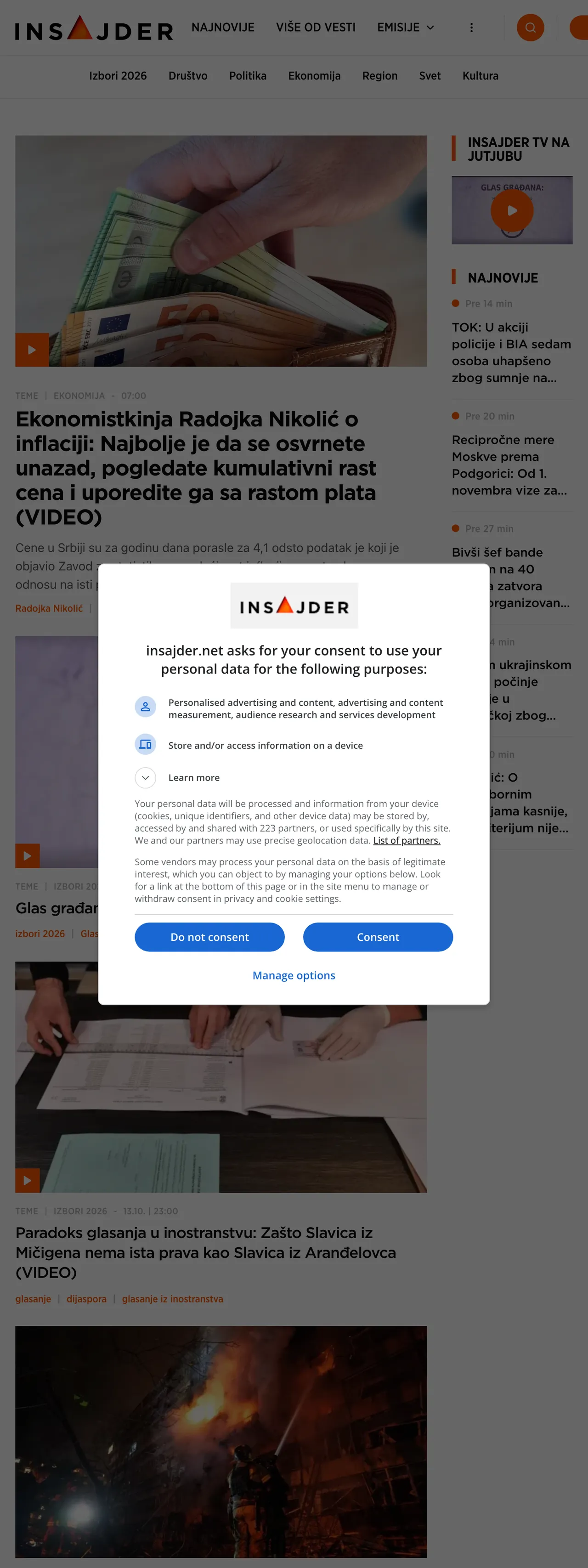 Screenshot of the Insajder front page