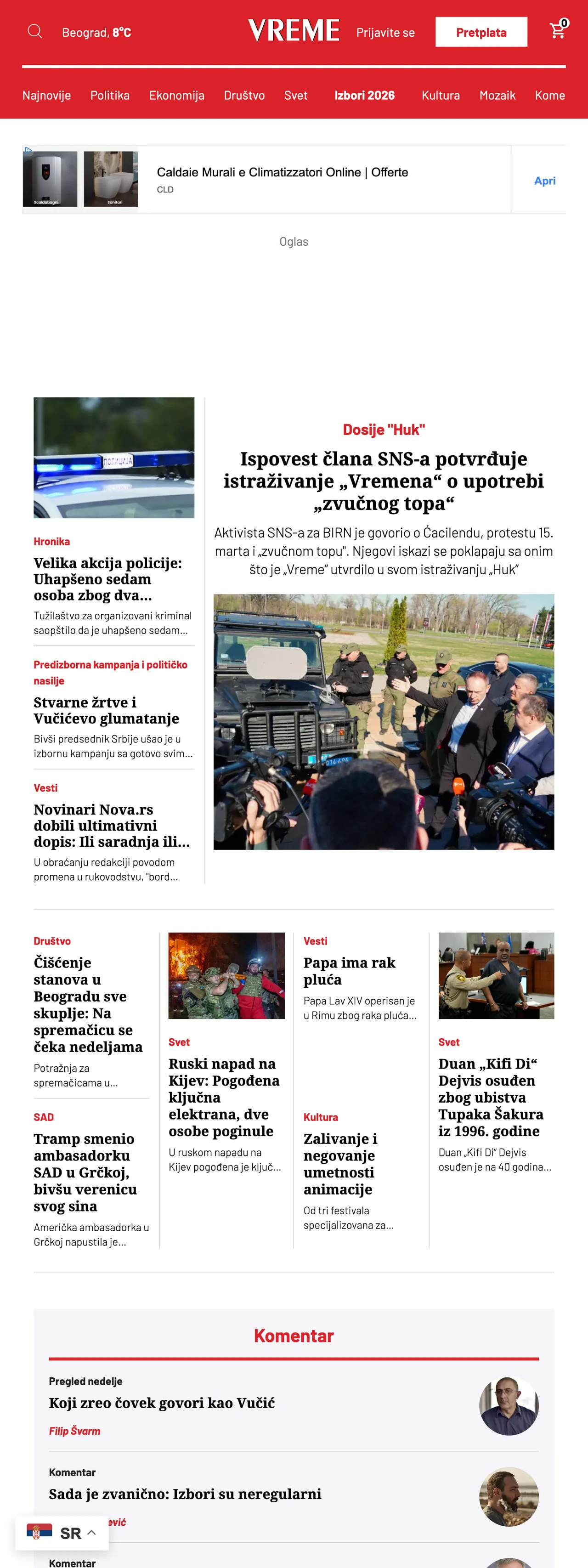 Screenshot of the Vreme front page