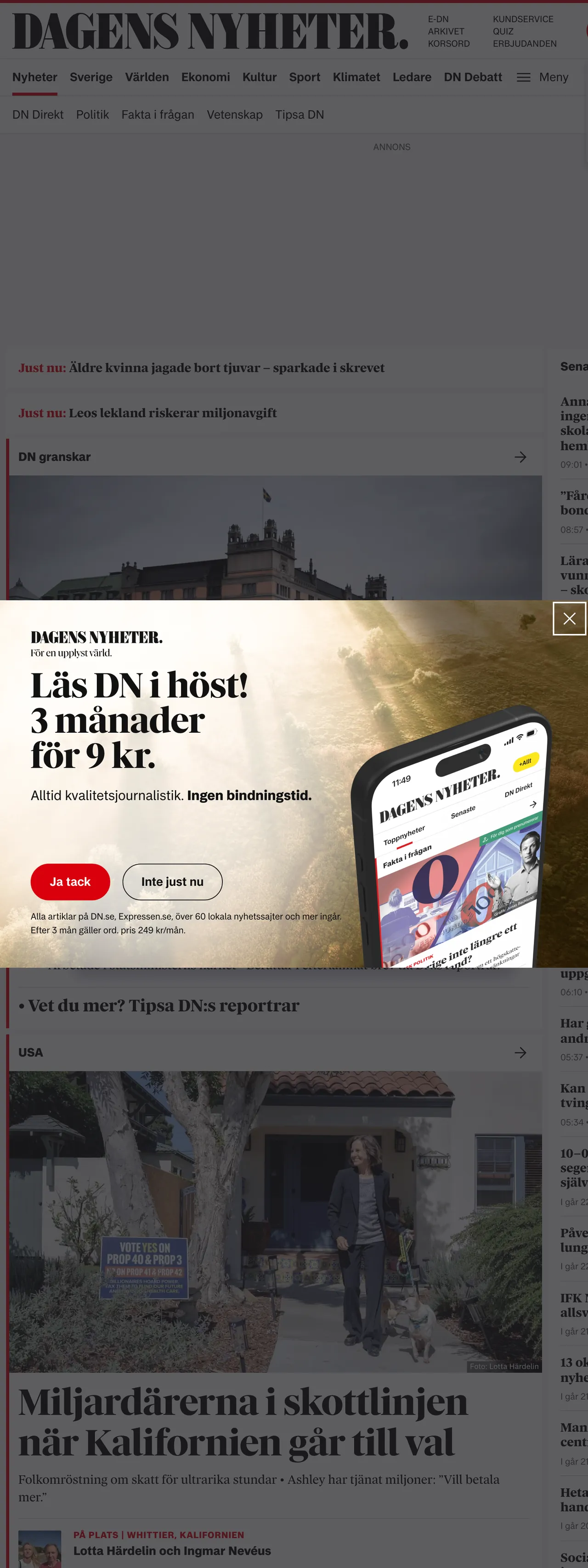 Screenshot of the Dagens Nyheter front page