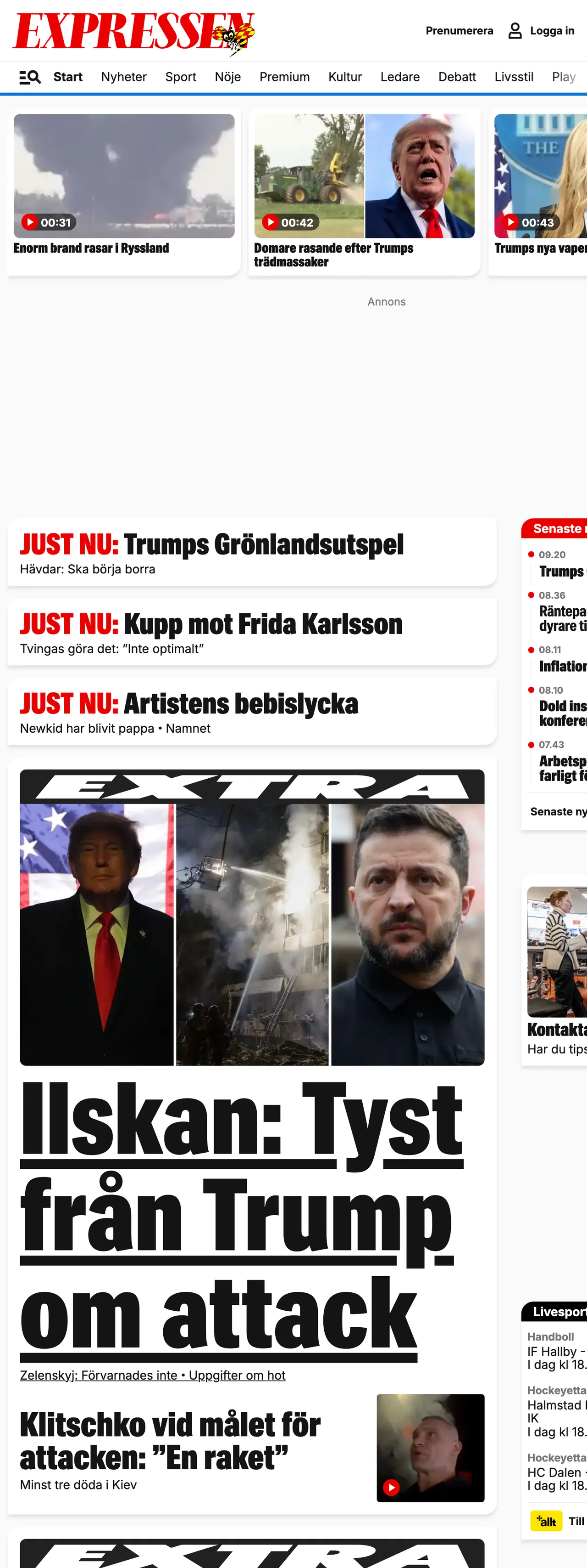 Screenshot of the Expressen front page