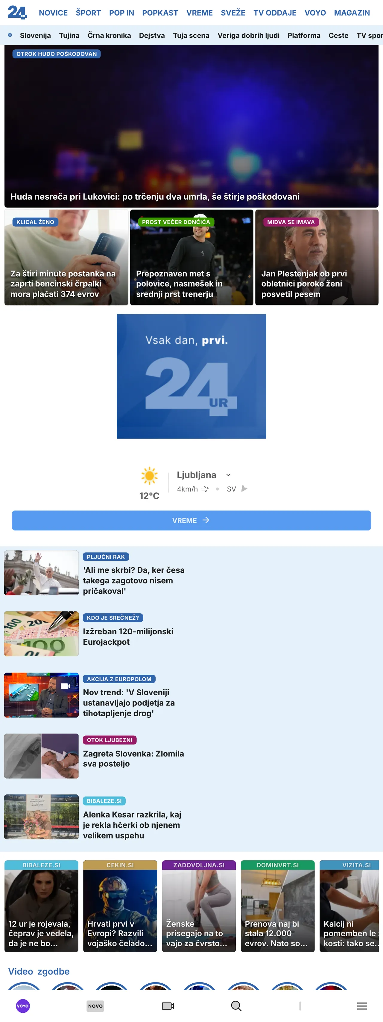 Screenshot of the 24ur front page