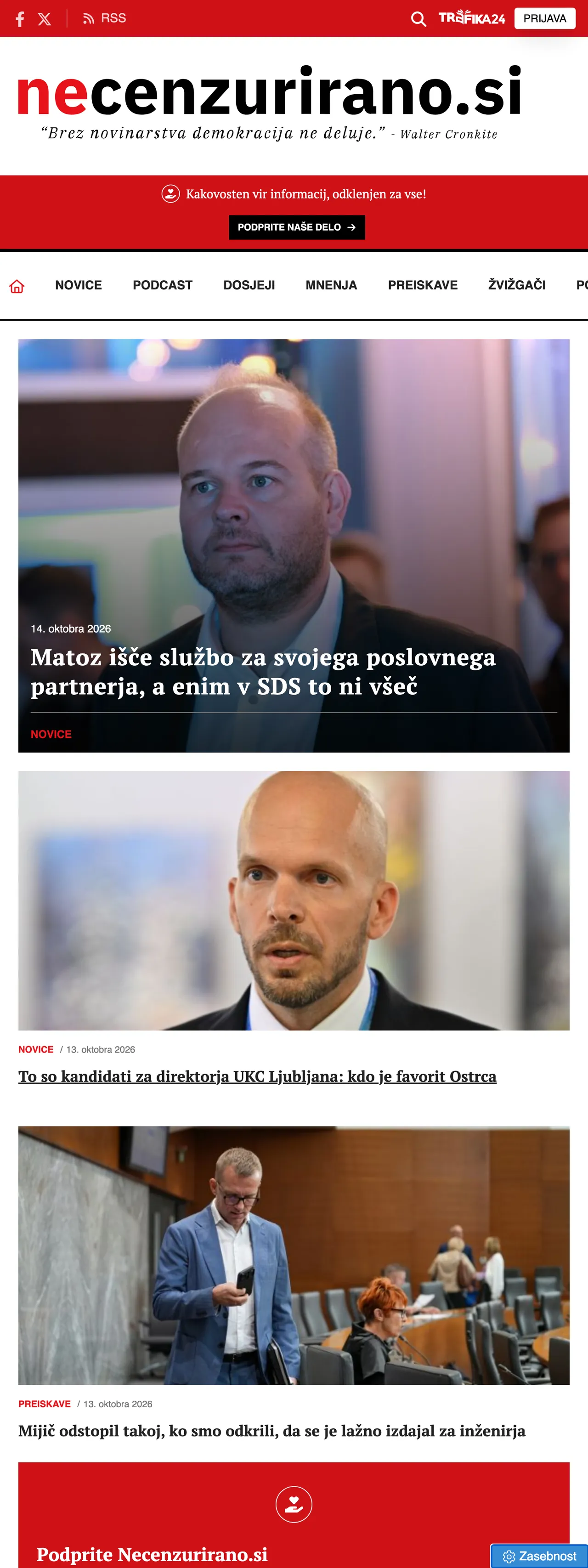 Screenshot of the Necenzurirano front page