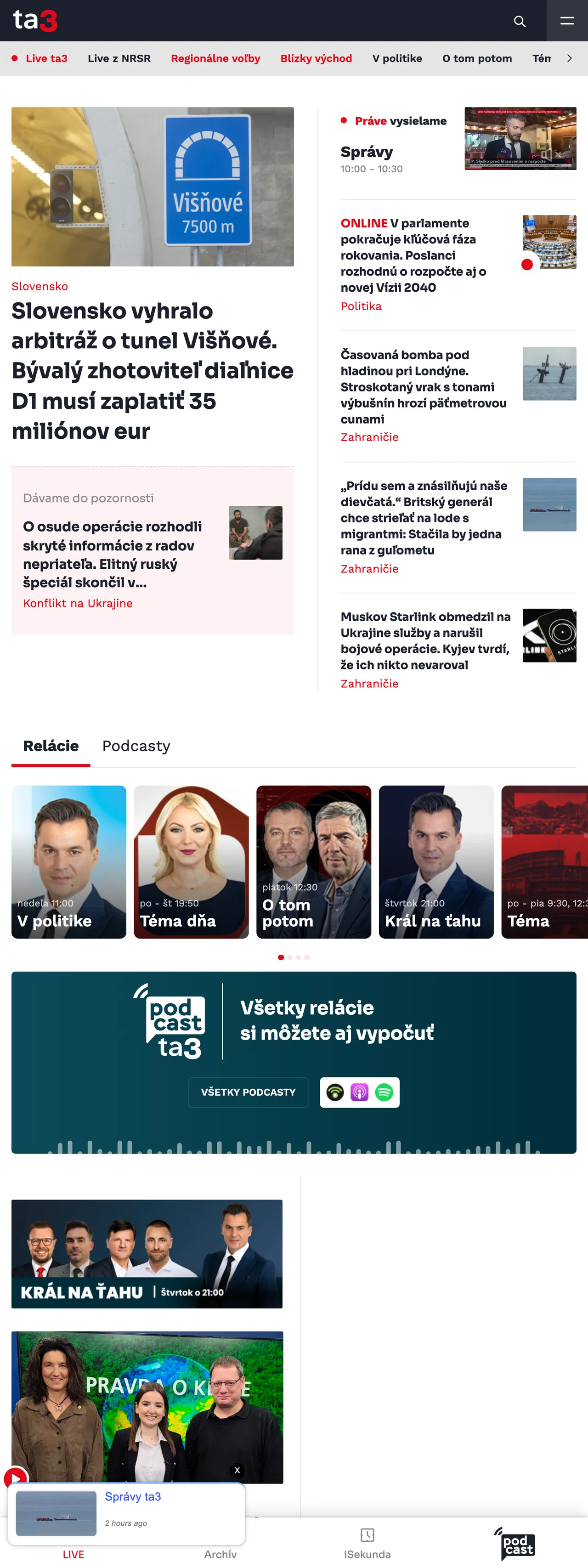 Screenshot of the TA3 front page