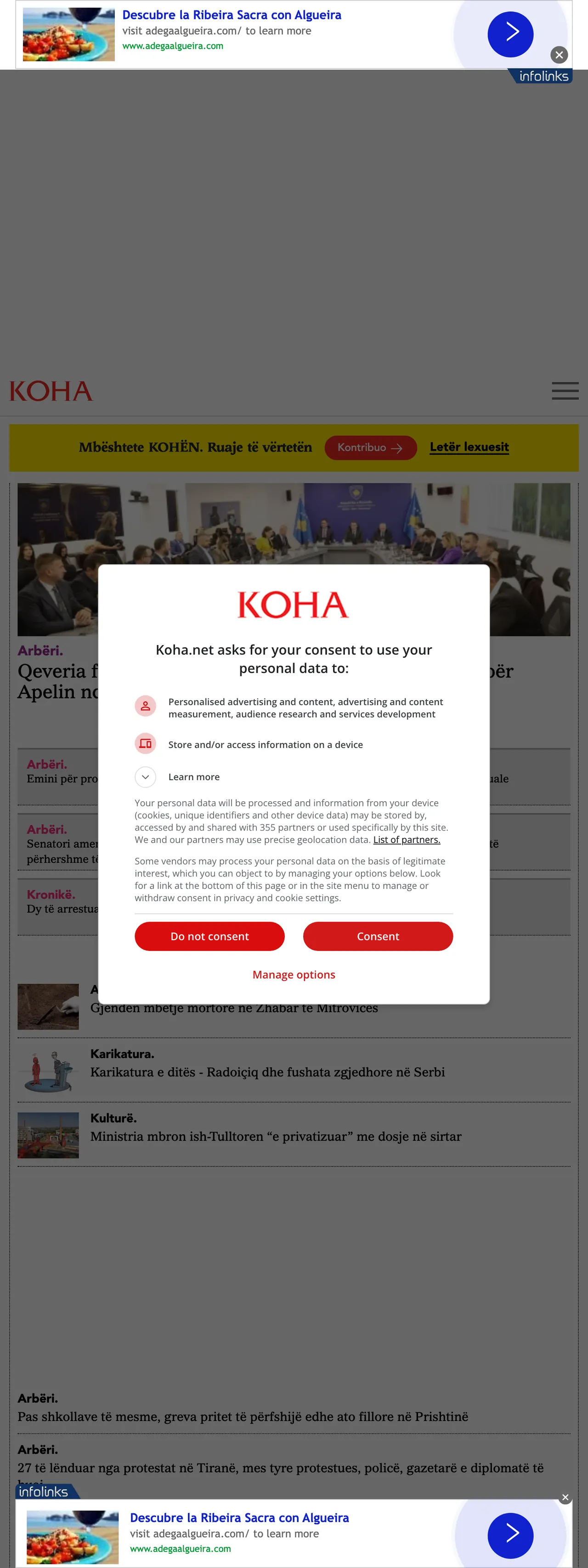 Screenshot of the Koha Ditore front page