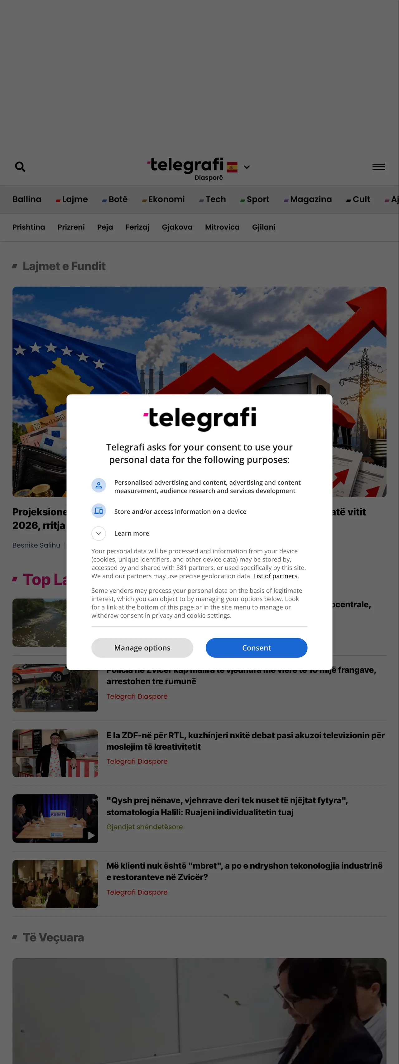 Screenshot of the Telegrafi front page