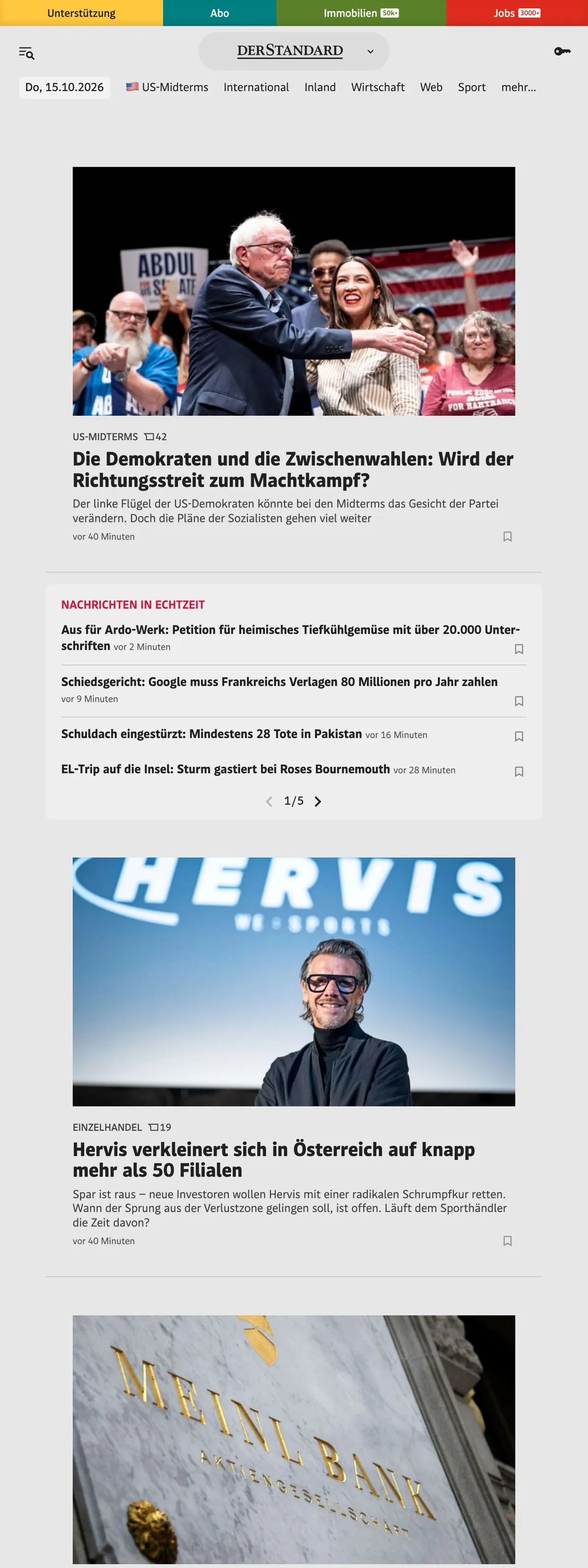 Screenshot of the DER STANDARD front page
