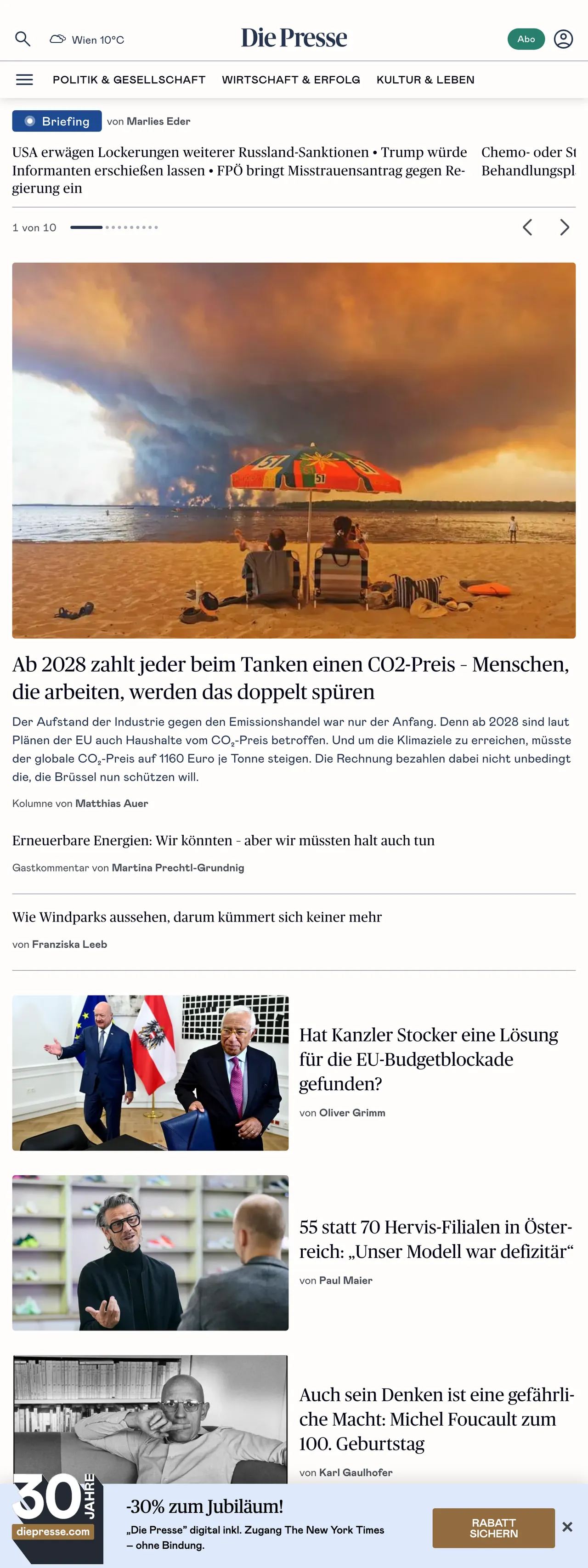 Screenshot of the Die Presse front page