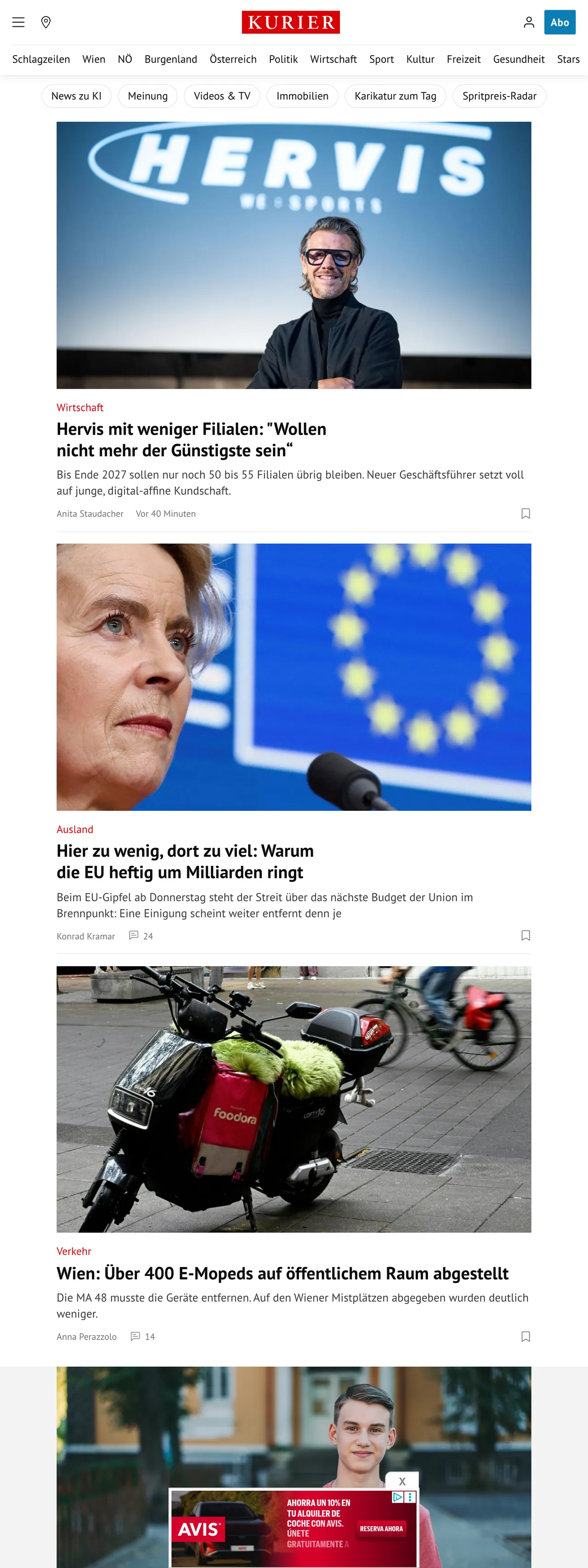 Screenshot of the Kurier front page