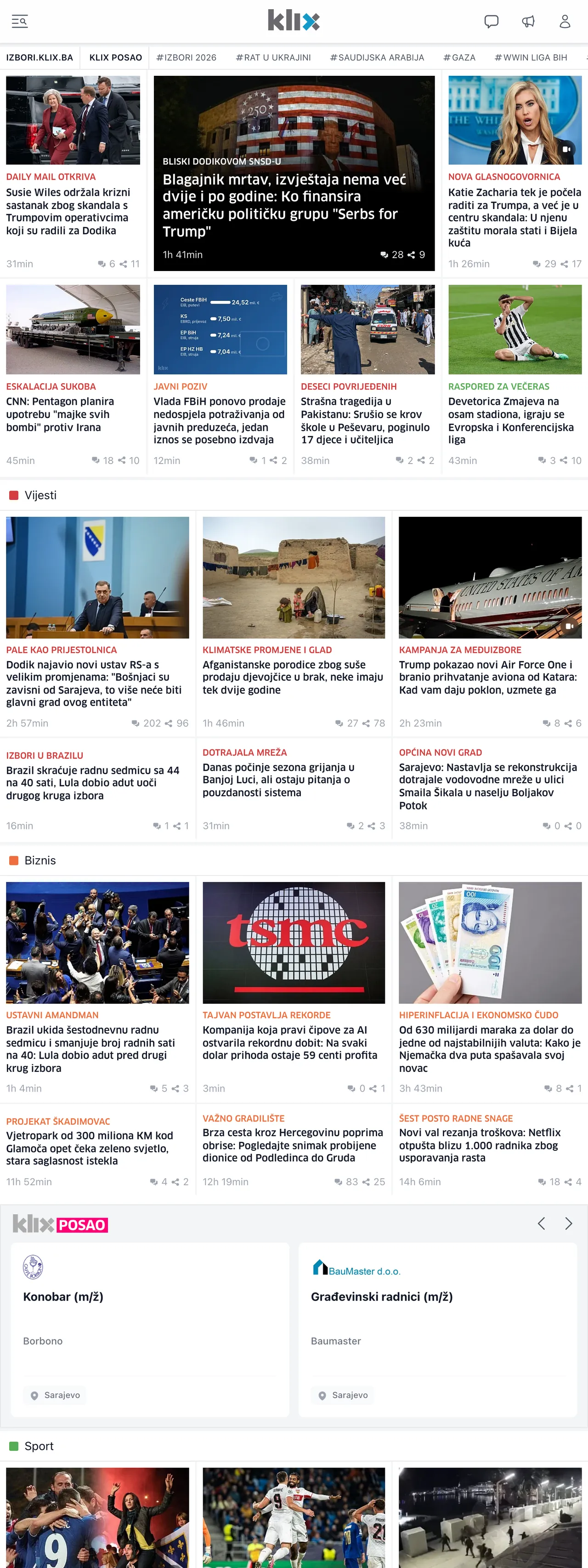 Screenshot of the Klix.ba front page