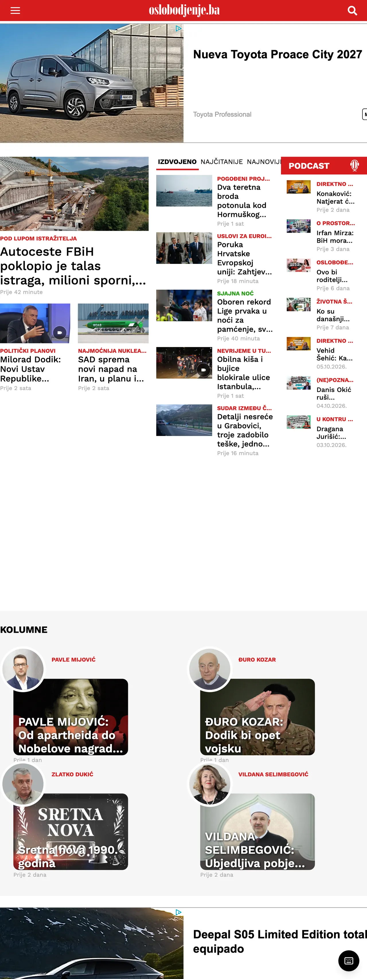 Screenshot of the Oslobođenje front page