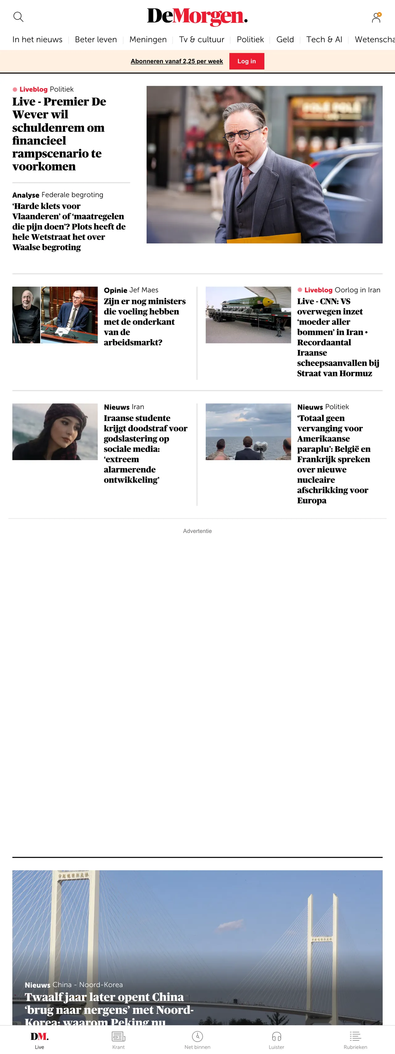 Screenshot of the De Morgen front page
