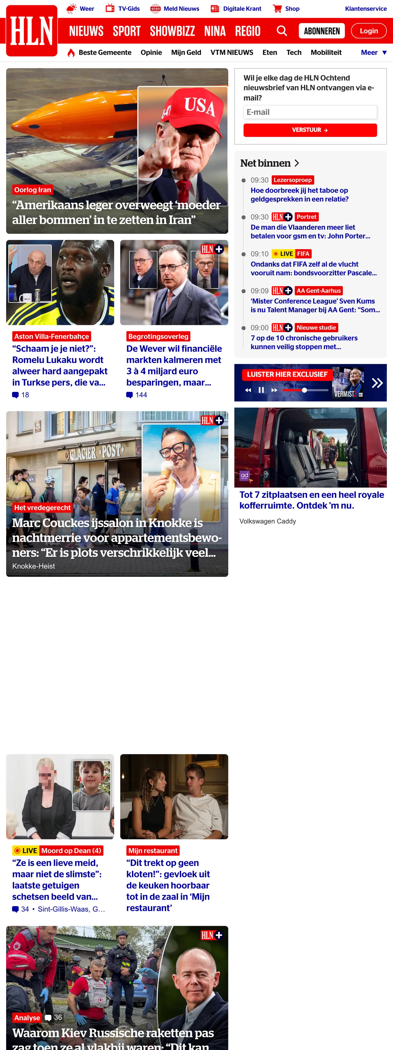 Screenshot of the HLN front page
