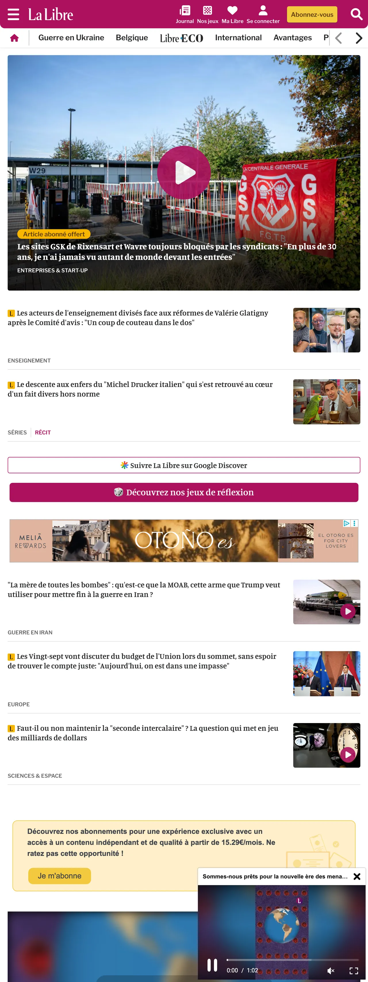 Screenshot of the La Libre front page