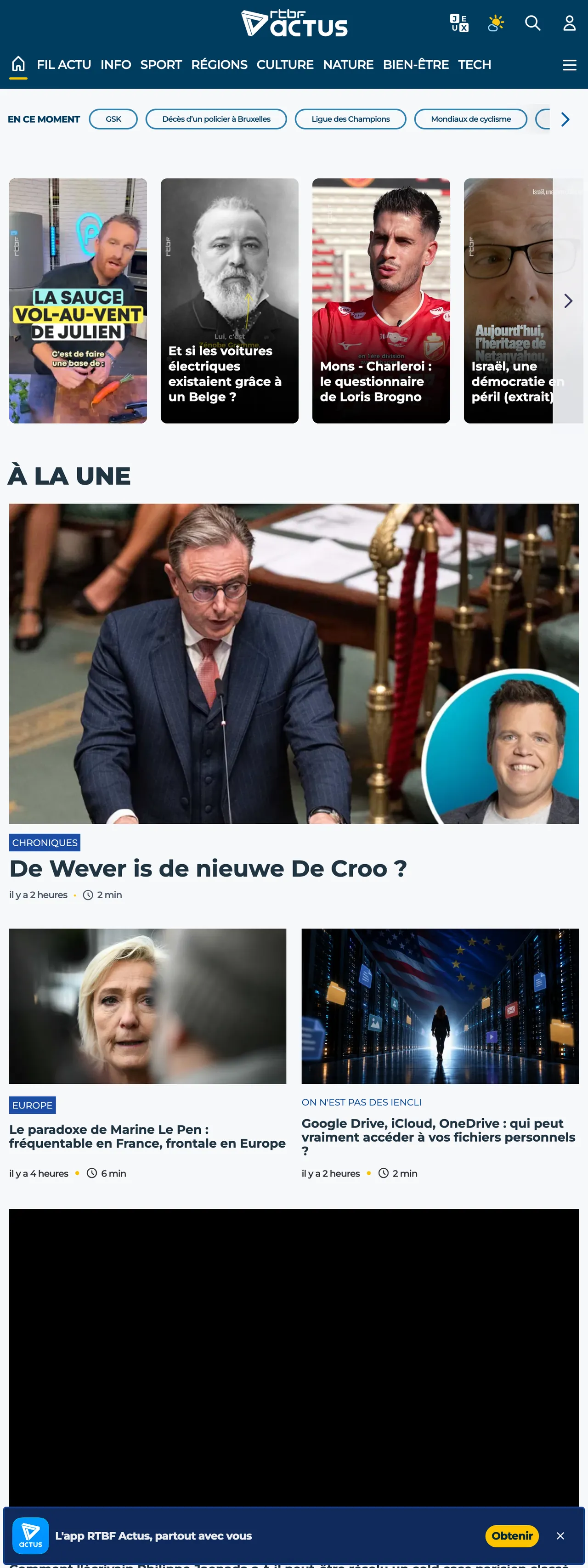Screenshot of the RTBF front page