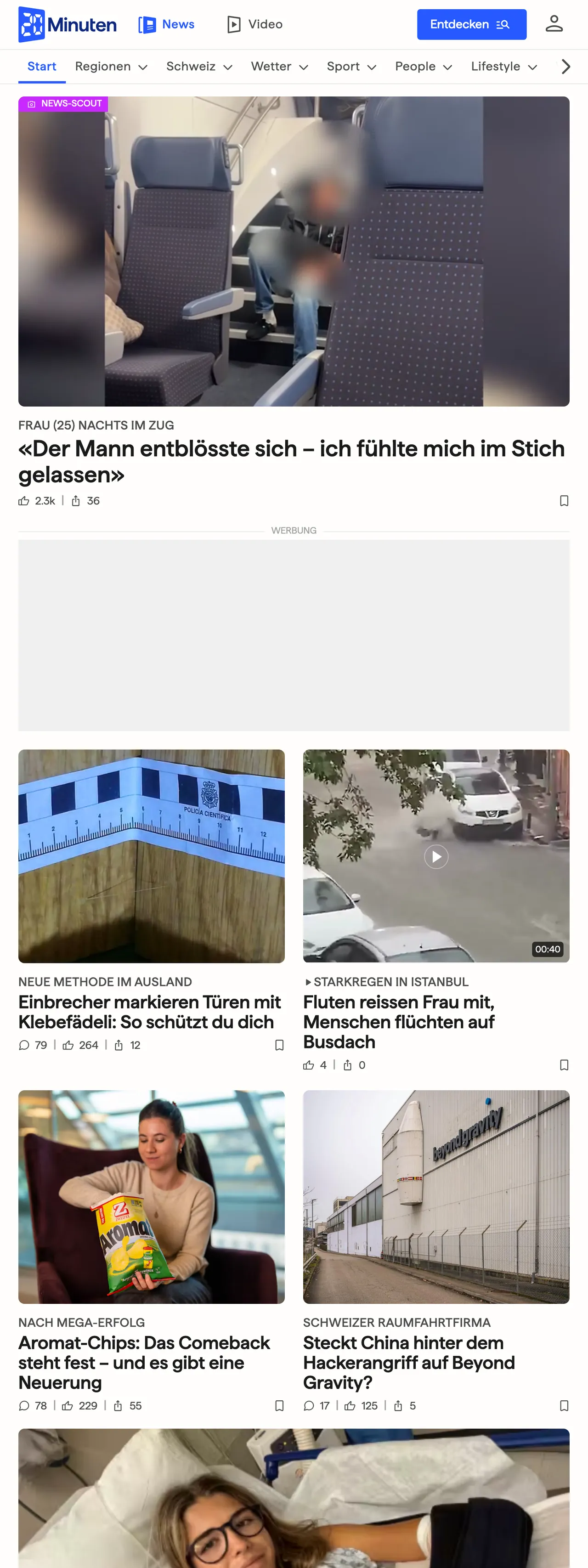 Screenshot of the 20 Minuten front page