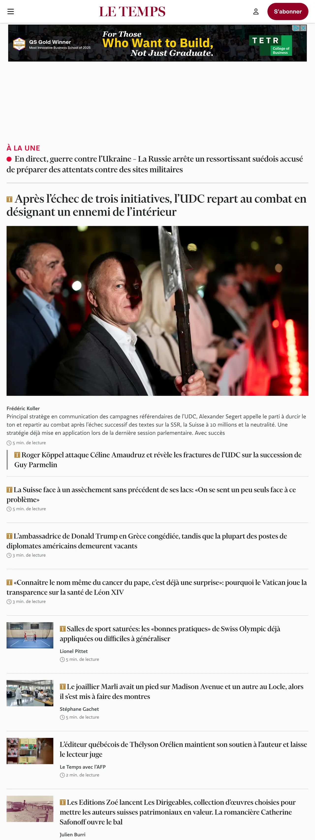 Screenshot of the Le Temps front page