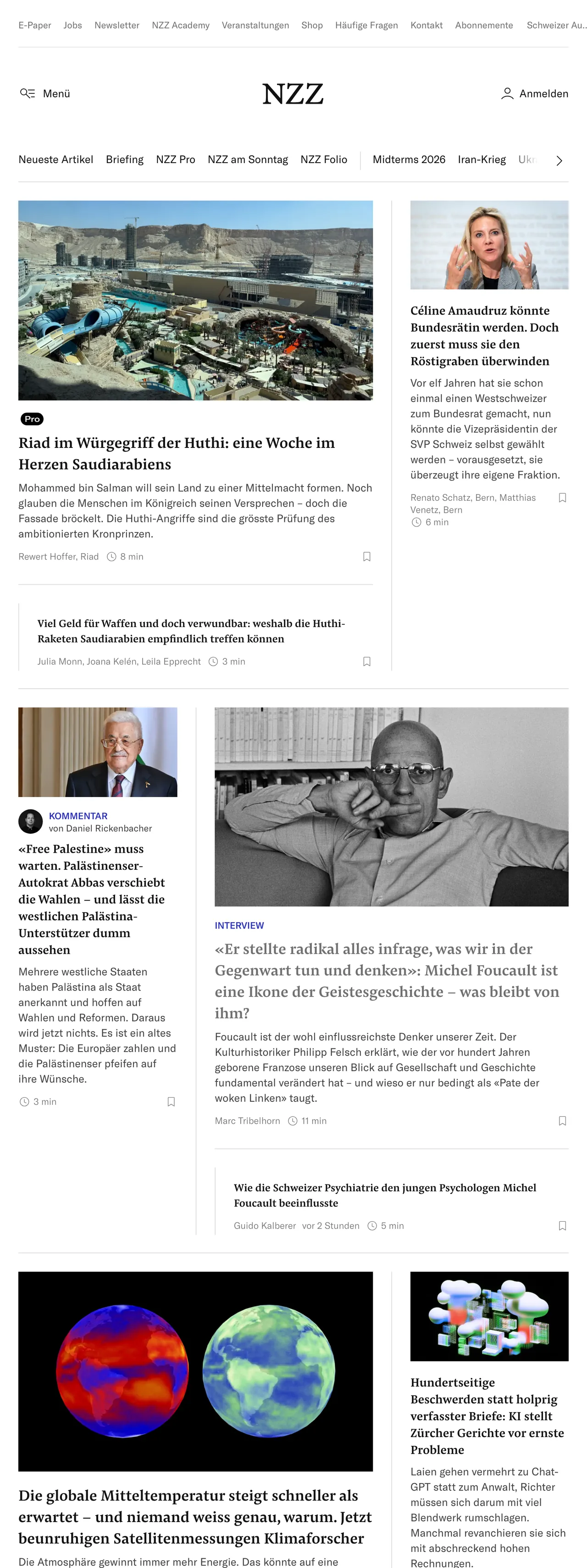 Screenshot of the Neue Zürcher Zeitung front page