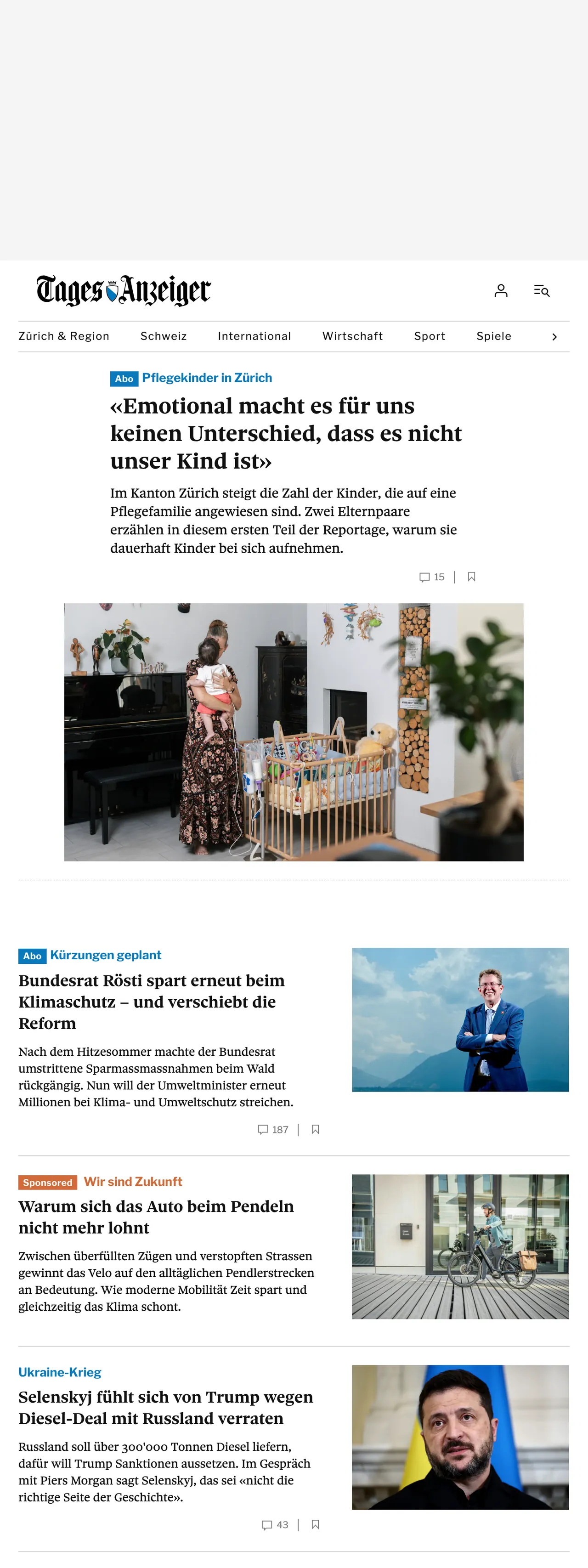 Screenshot of the Tages-Anzeiger front page