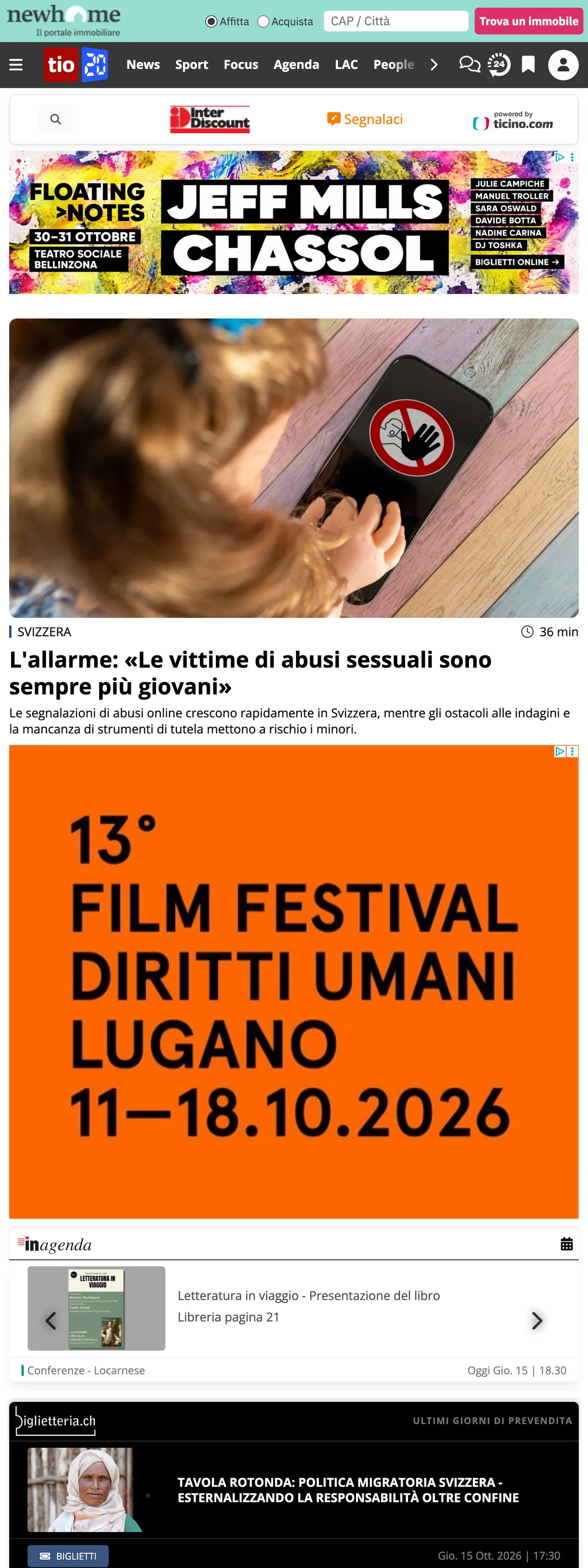 Screenshot of the Ticinonline front page