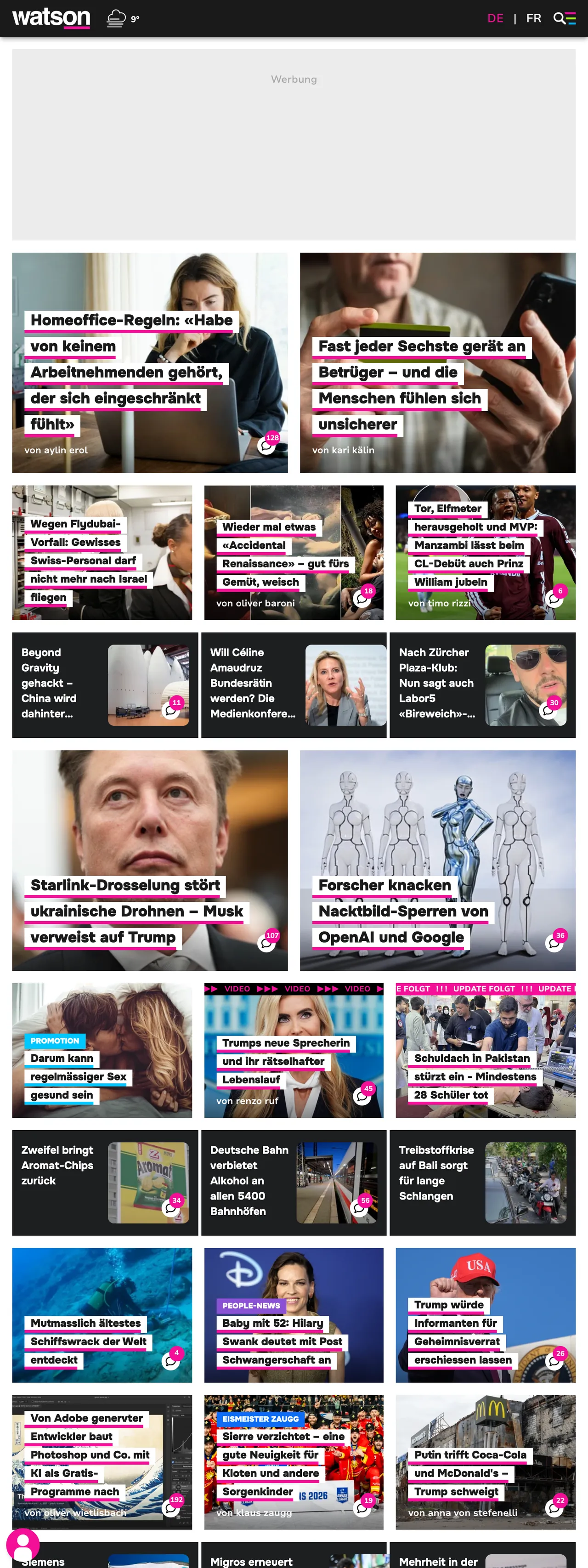Screenshot of the watson front page