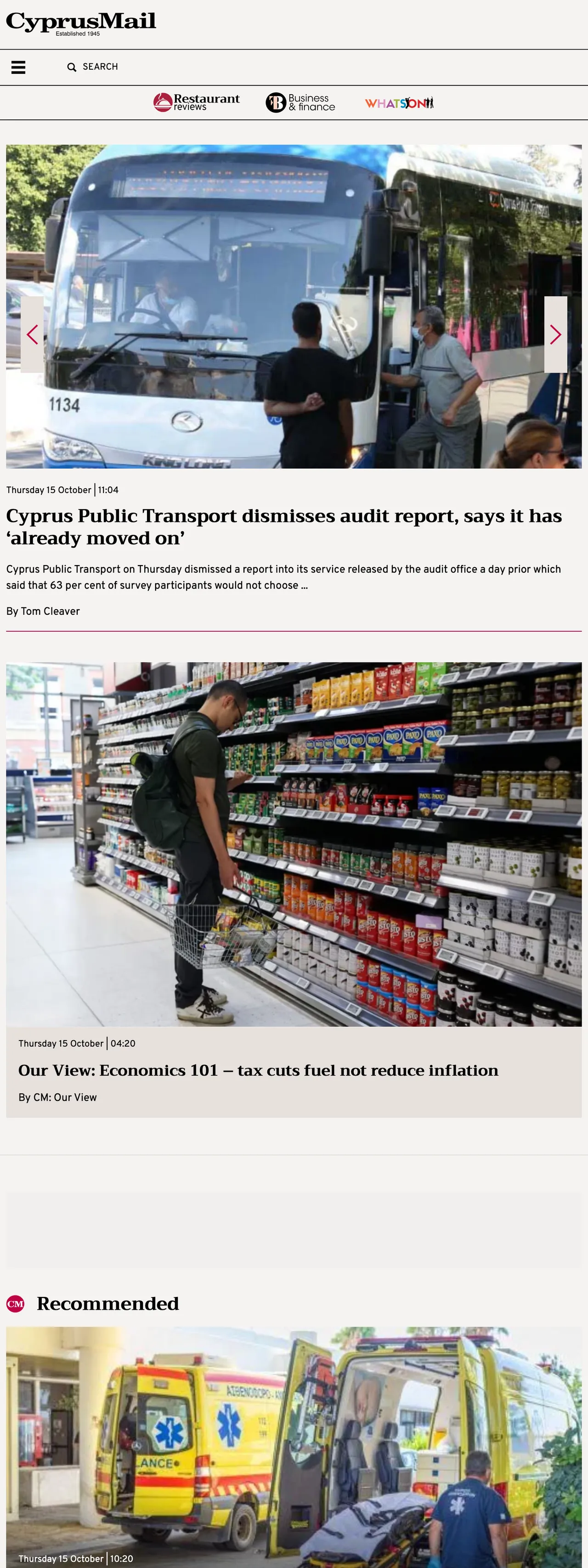 Screenshot of the Cyprus Mail front page