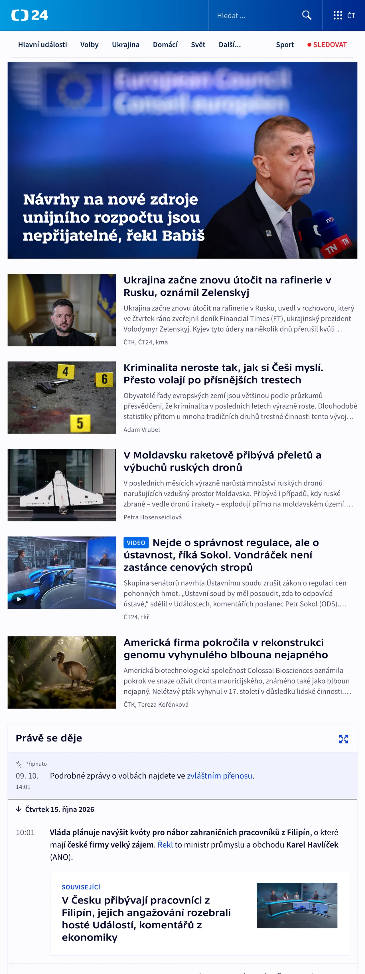 Screenshot of the ČT24 front page