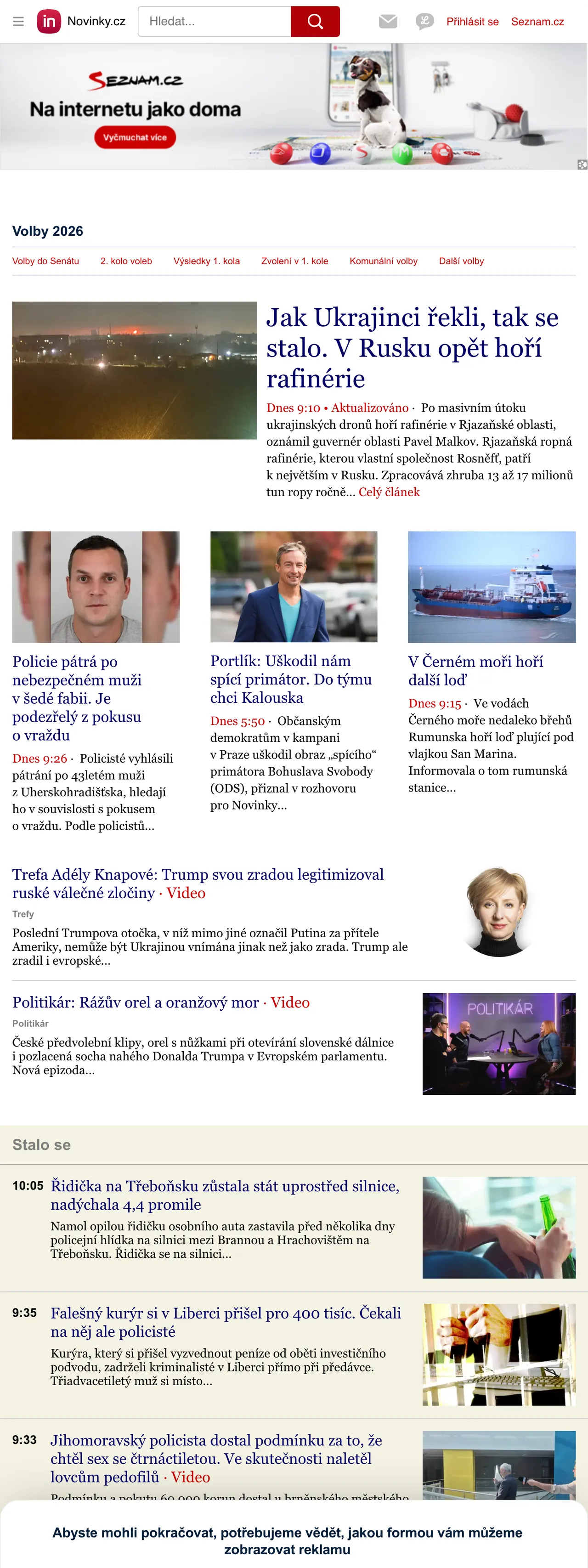 Screenshot of the Novinky.cz front page