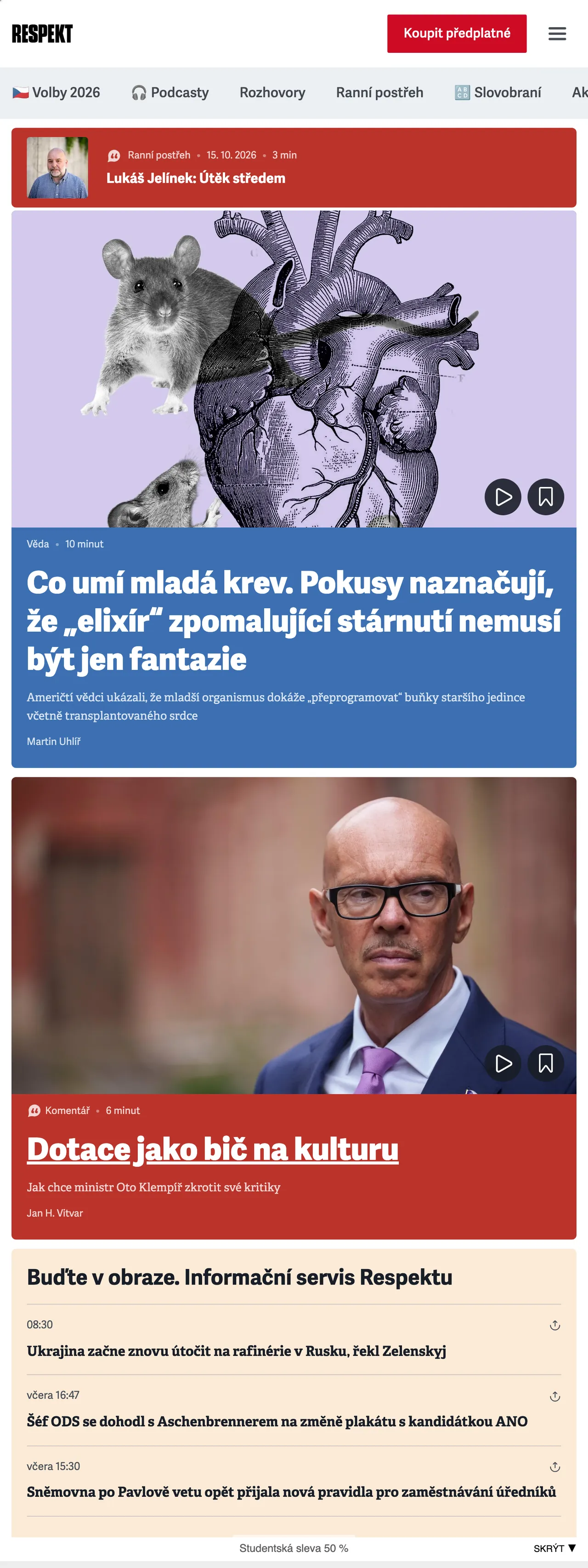 Screenshot of the Respekt front page