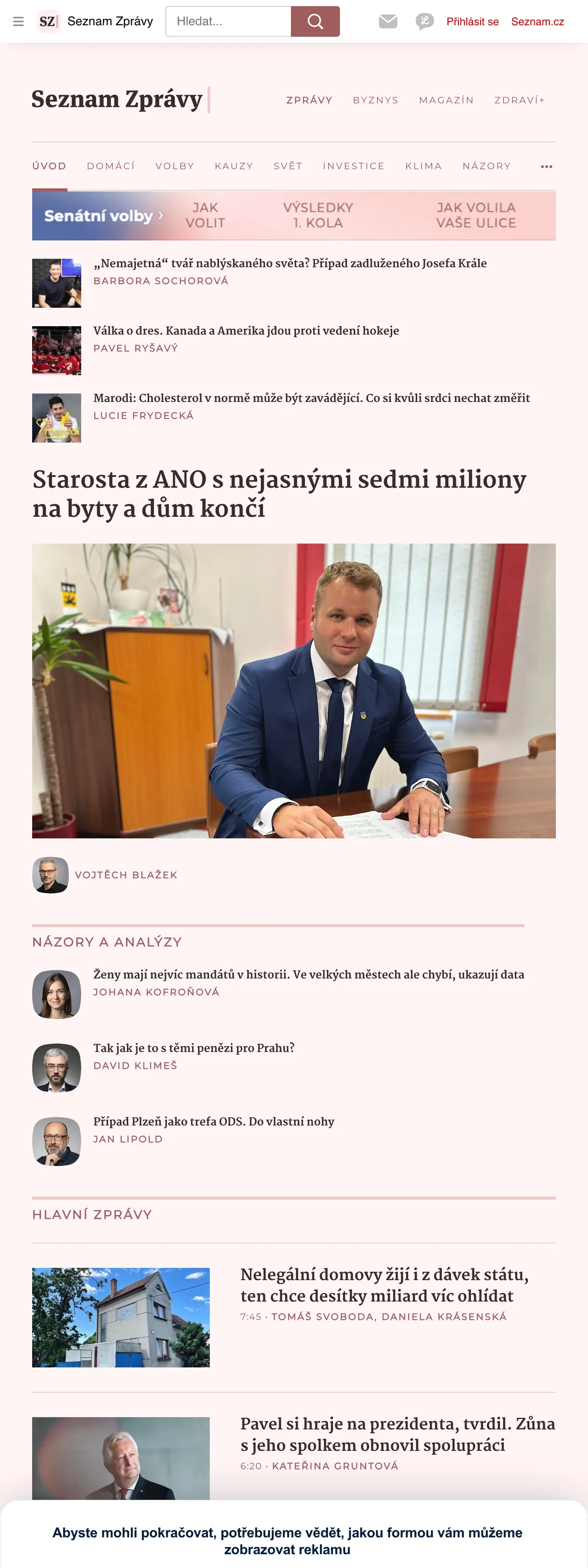 Screenshot of the Seznam Zprávy front page