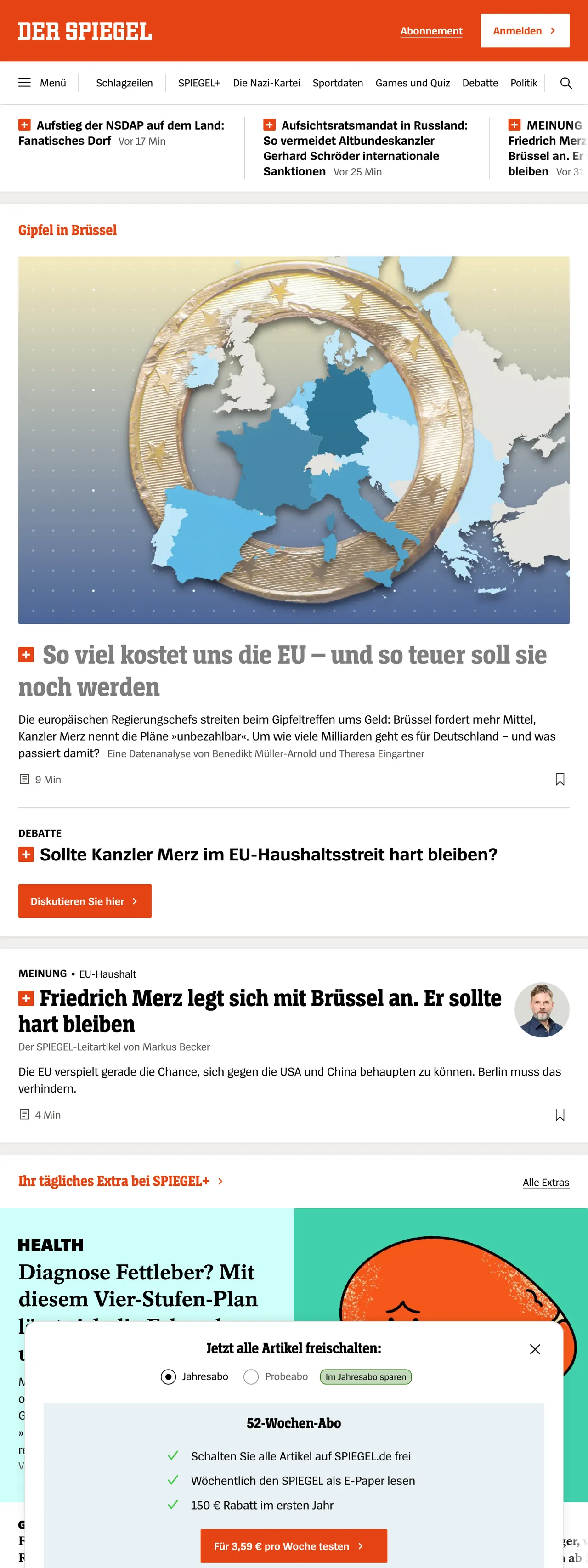 Screenshot of the DER SPIEGEL front page