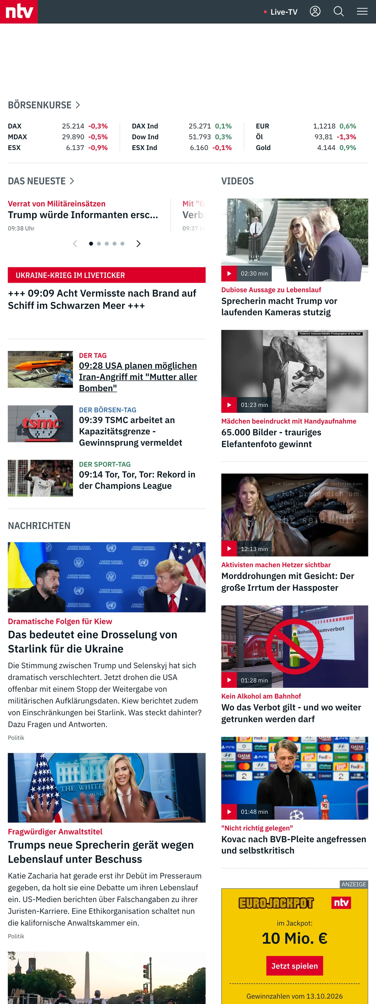 Screenshot of the n-tv front page