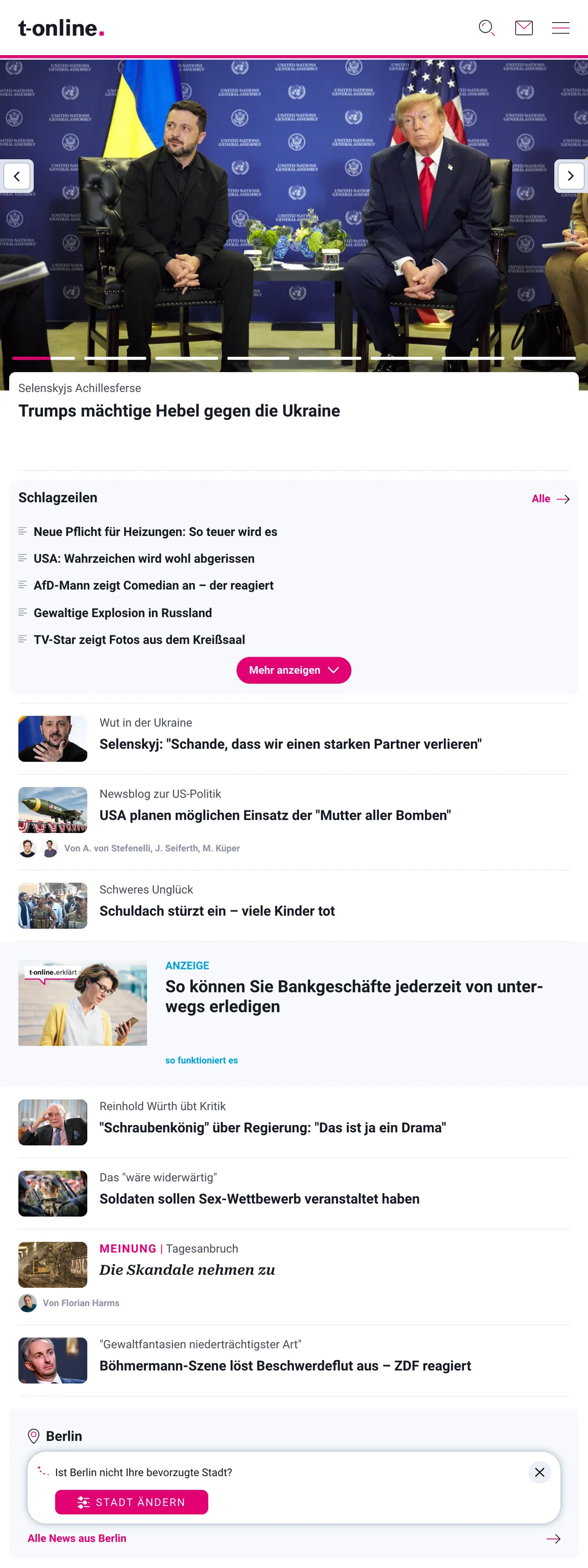 Screenshot of the t-online front page