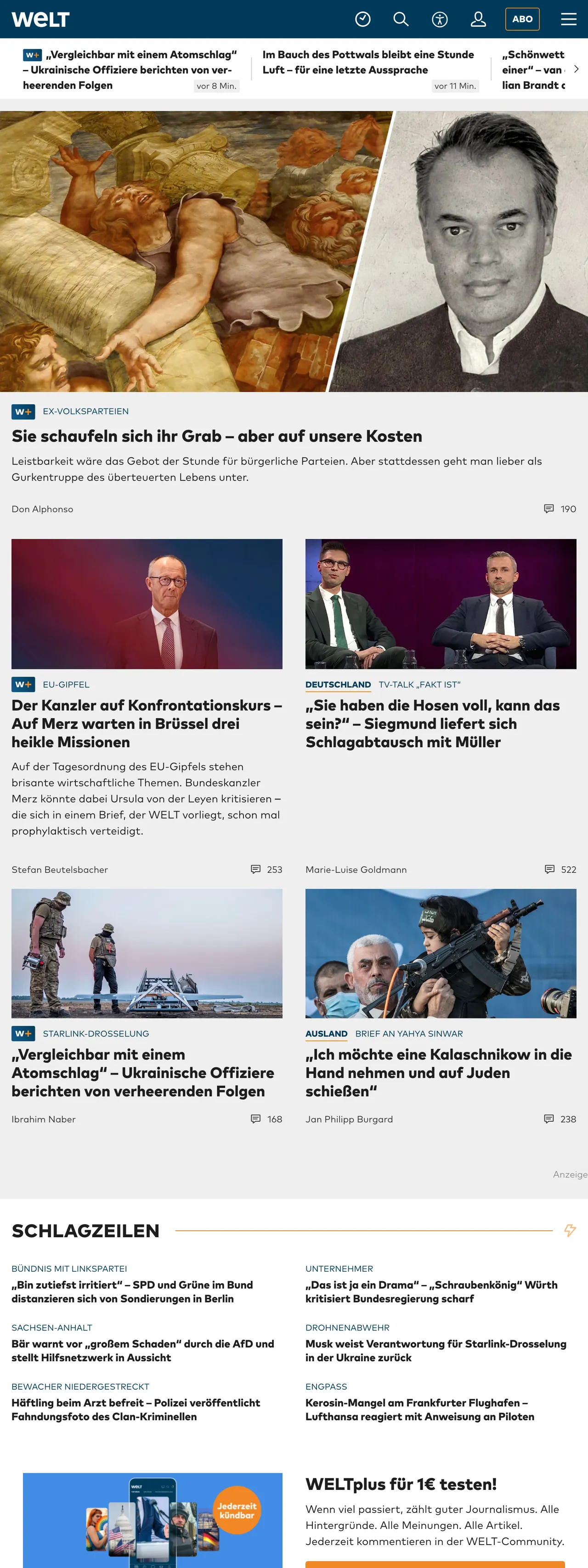 Screenshot of the WELT front page