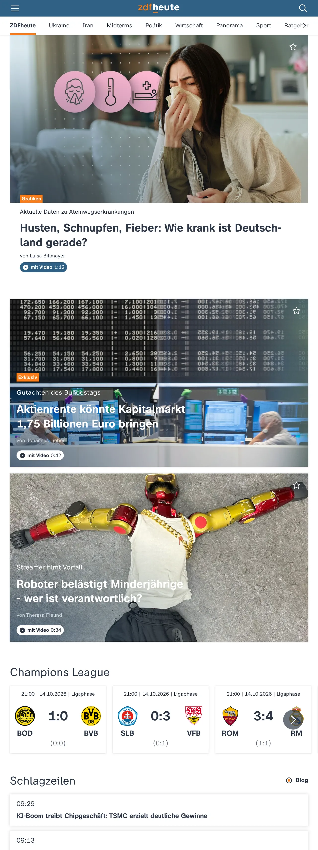 Screenshot of the ZDFheute front page