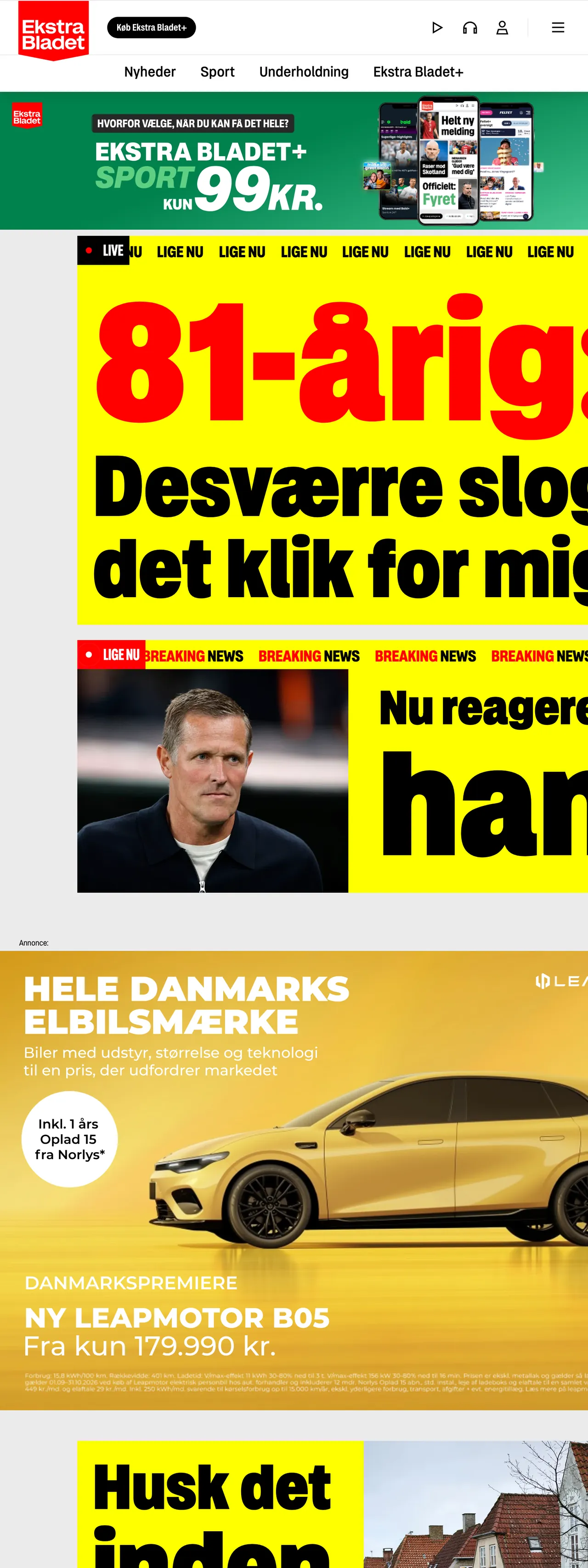 Screenshot of the Ekstra Bladet front page