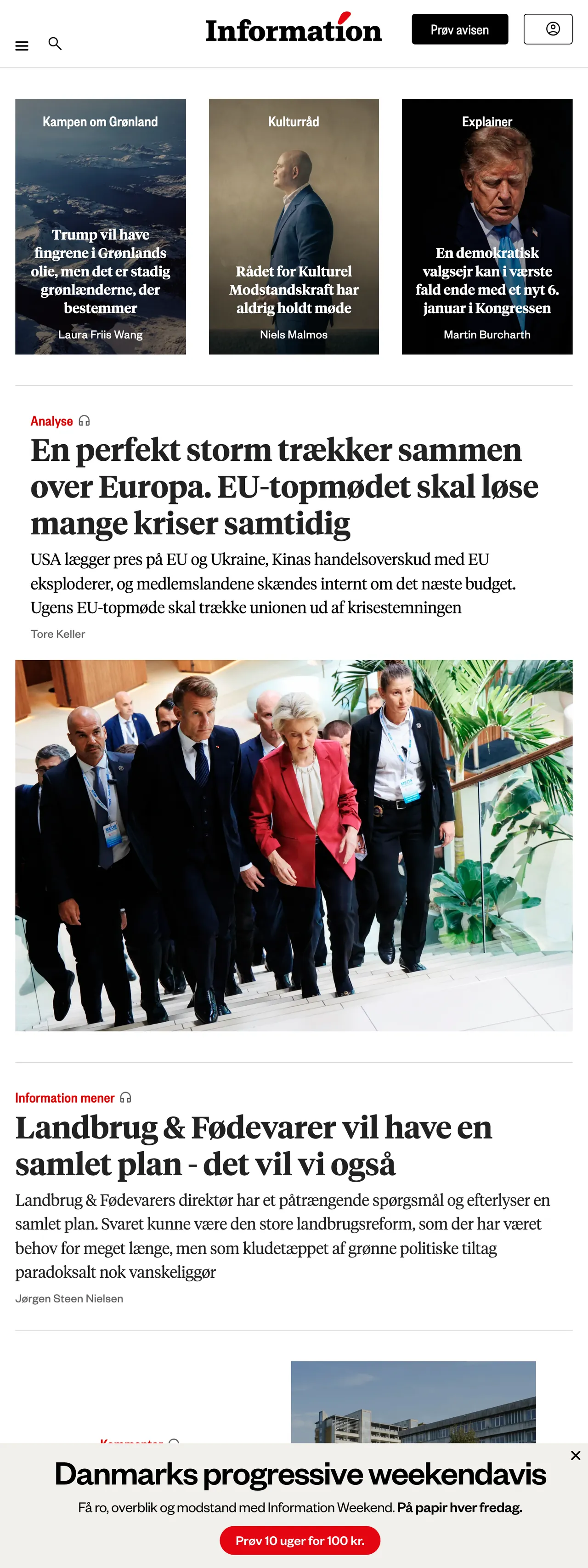 Screenshot of the Information front page