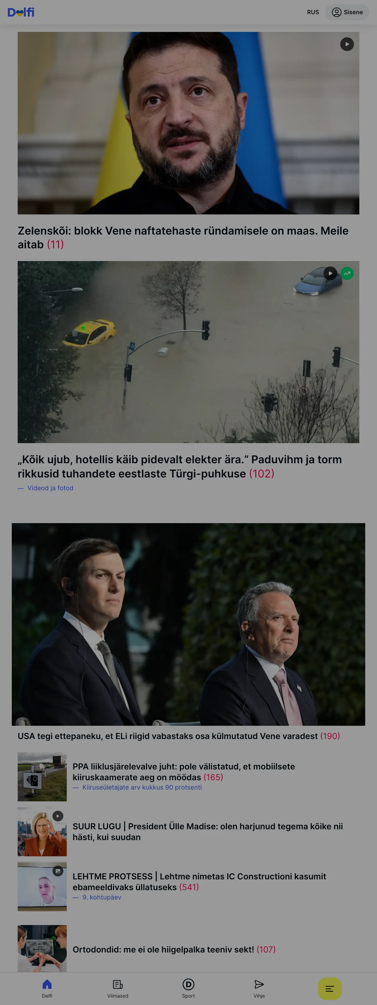 Screenshot of the Delfi front page