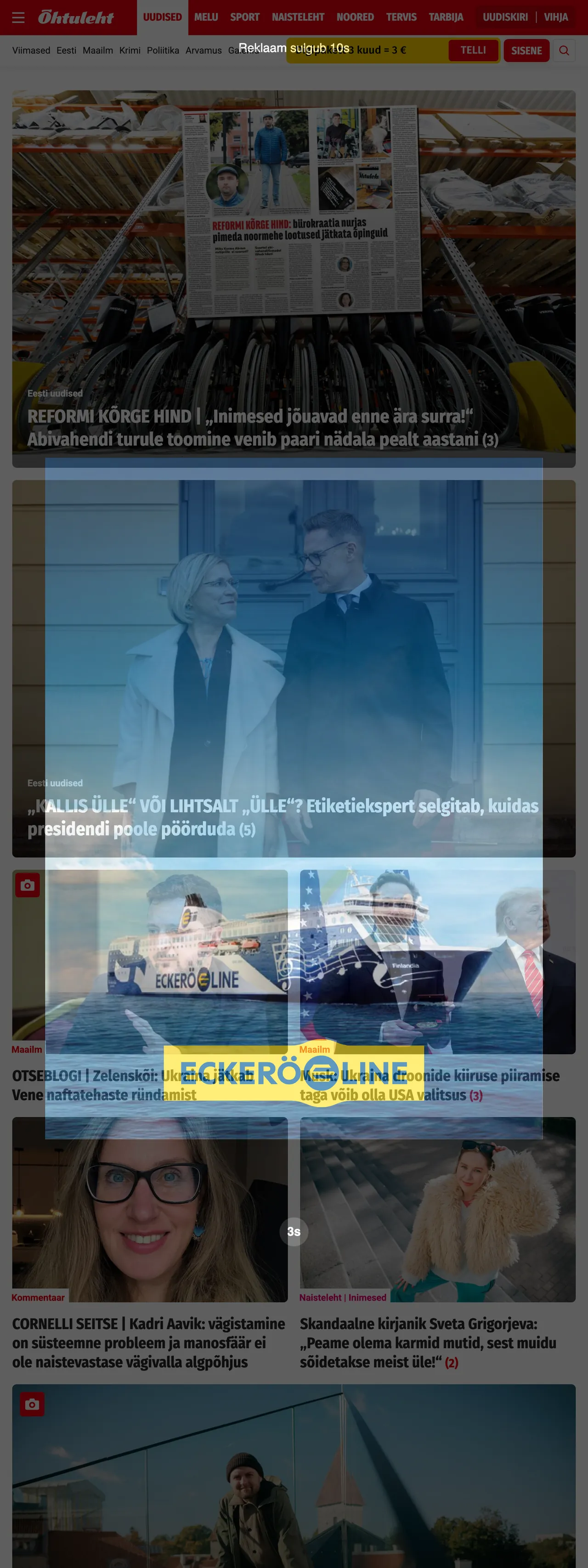 Screenshot of the Õhtuleht front page