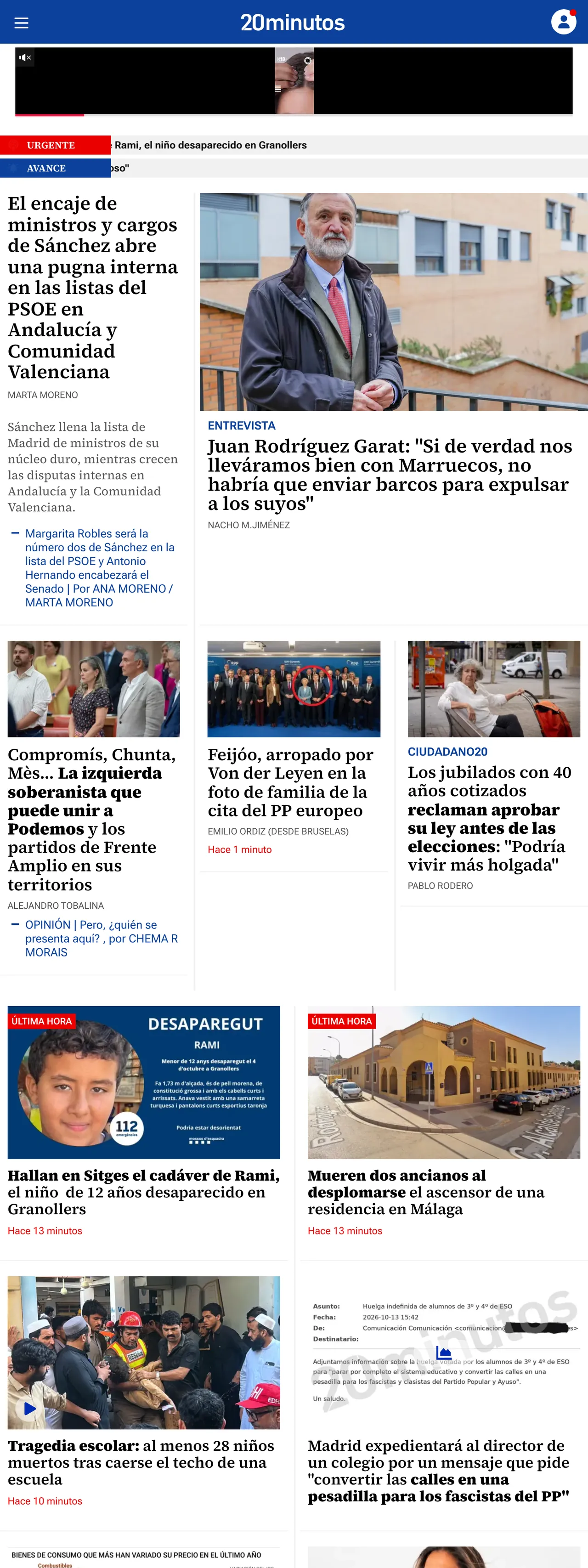 Screenshot of the 20minutos front page