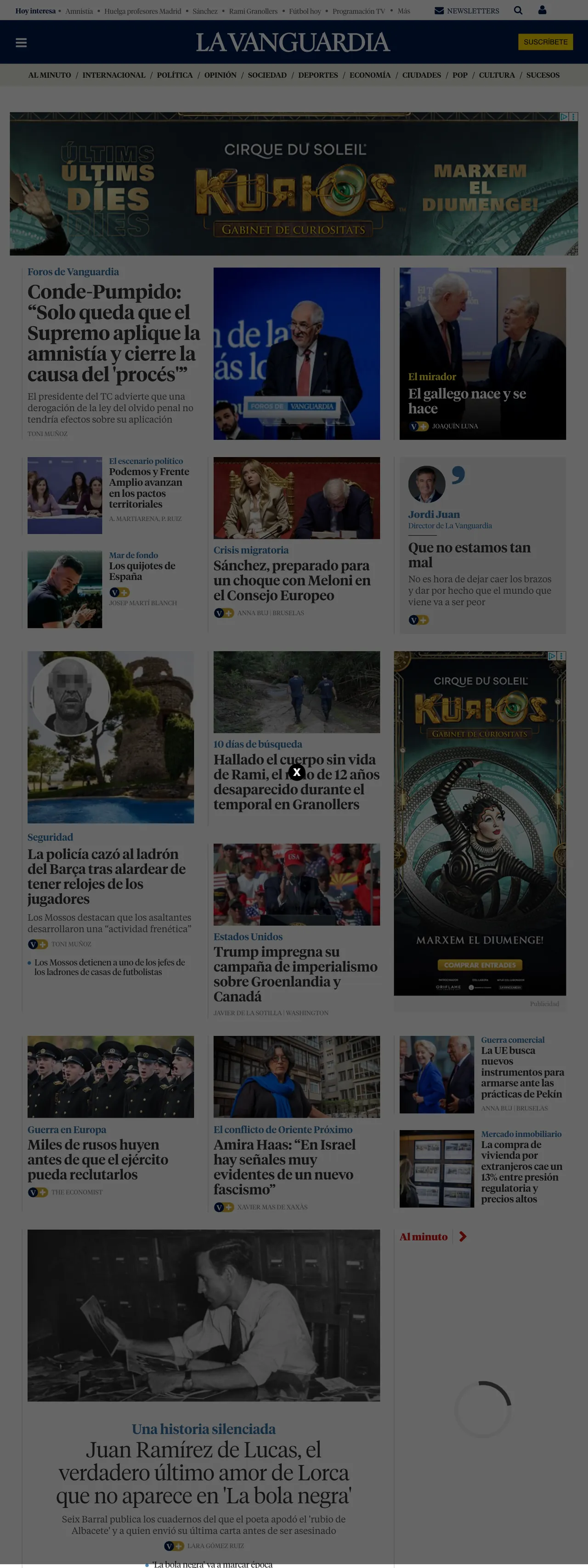 Screenshot of the La Vanguardia front page