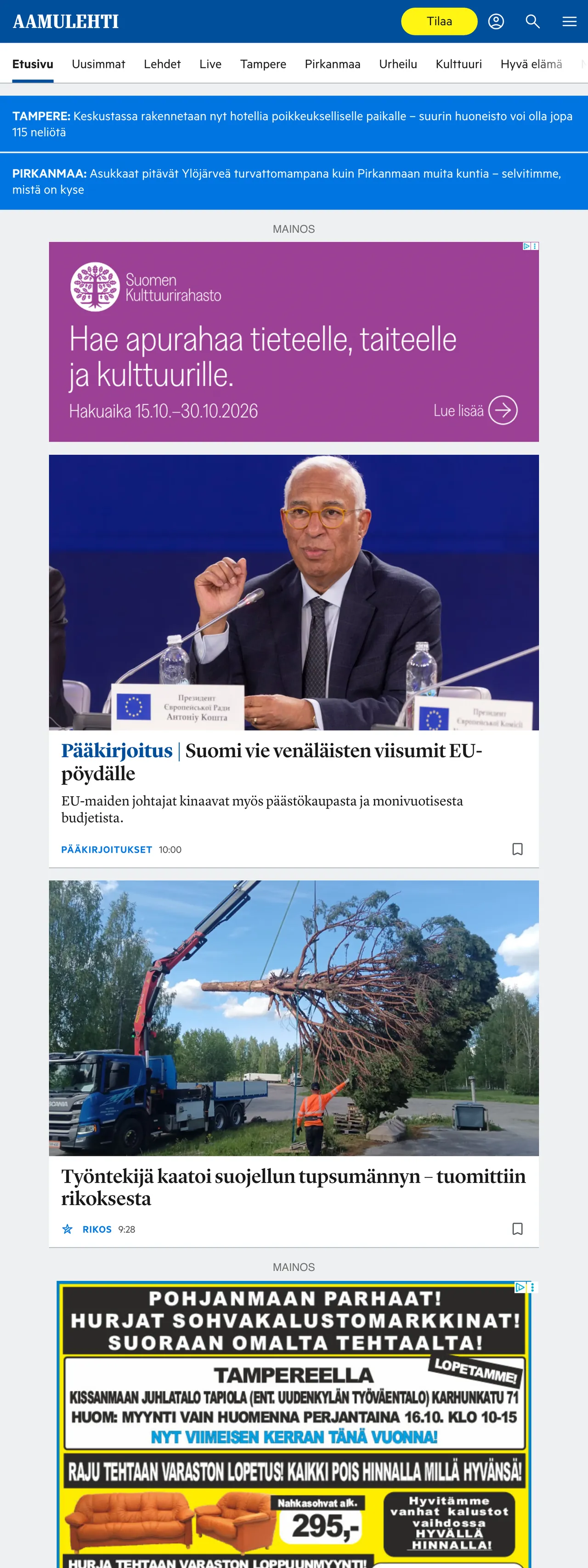 Screenshot of the Aamulehti front page