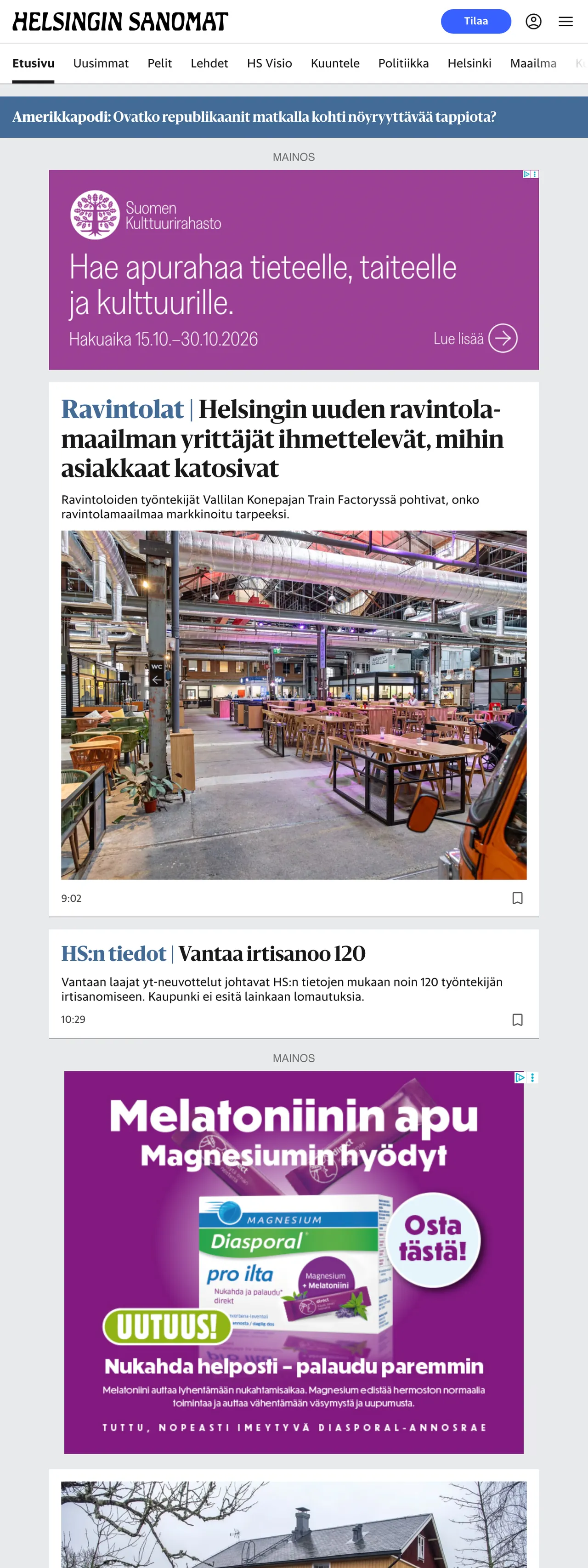 Screenshot of the Helsingin Sanomat front page