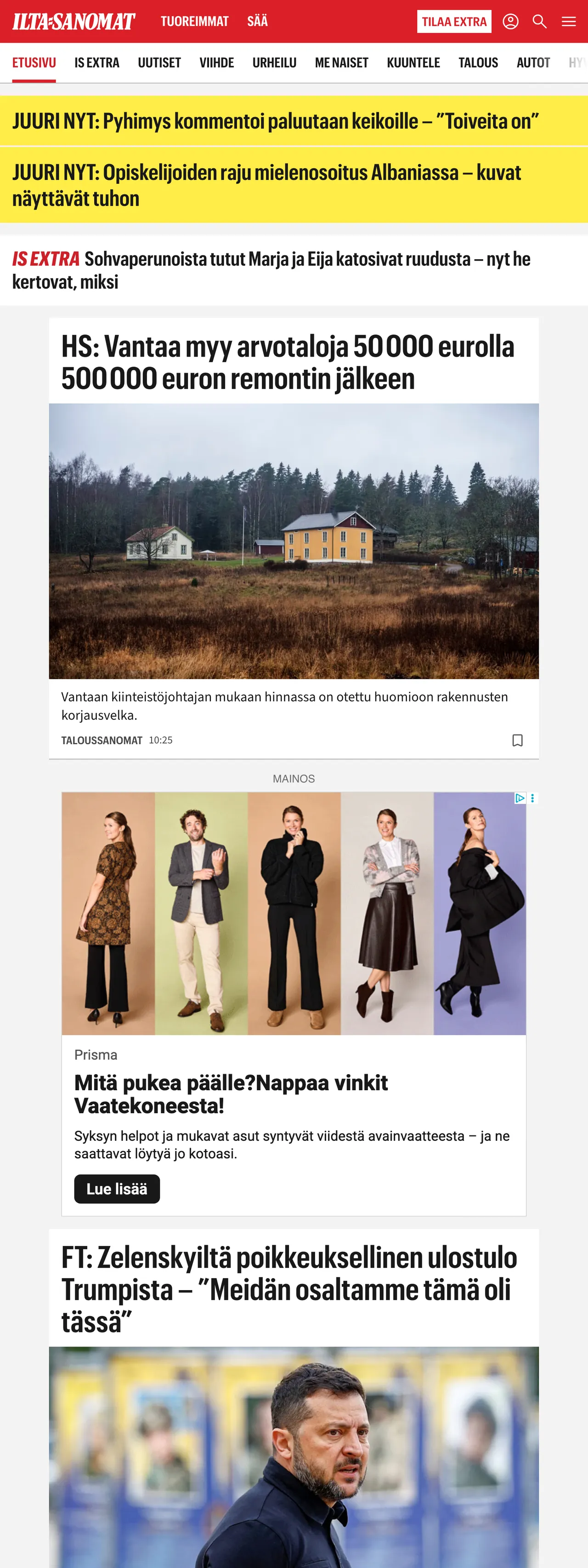 Screenshot of the Ilta-Sanomat front page